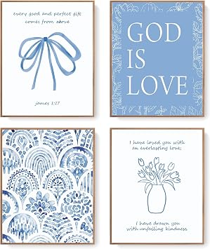 LARTSFRO Blue Bow Christian Wall Art Decor Posters Prints, Floral Scripture Inspirational Bible Verses Wall Decor Christian Gifts for Women, Bow Room Bedroom Bathroom Dorm Wall Art Decor Aesthetic for College Teen Girls Gifts, 10x8 Inch Set of 4 Pcs God is Love Pictures UNFRAMED