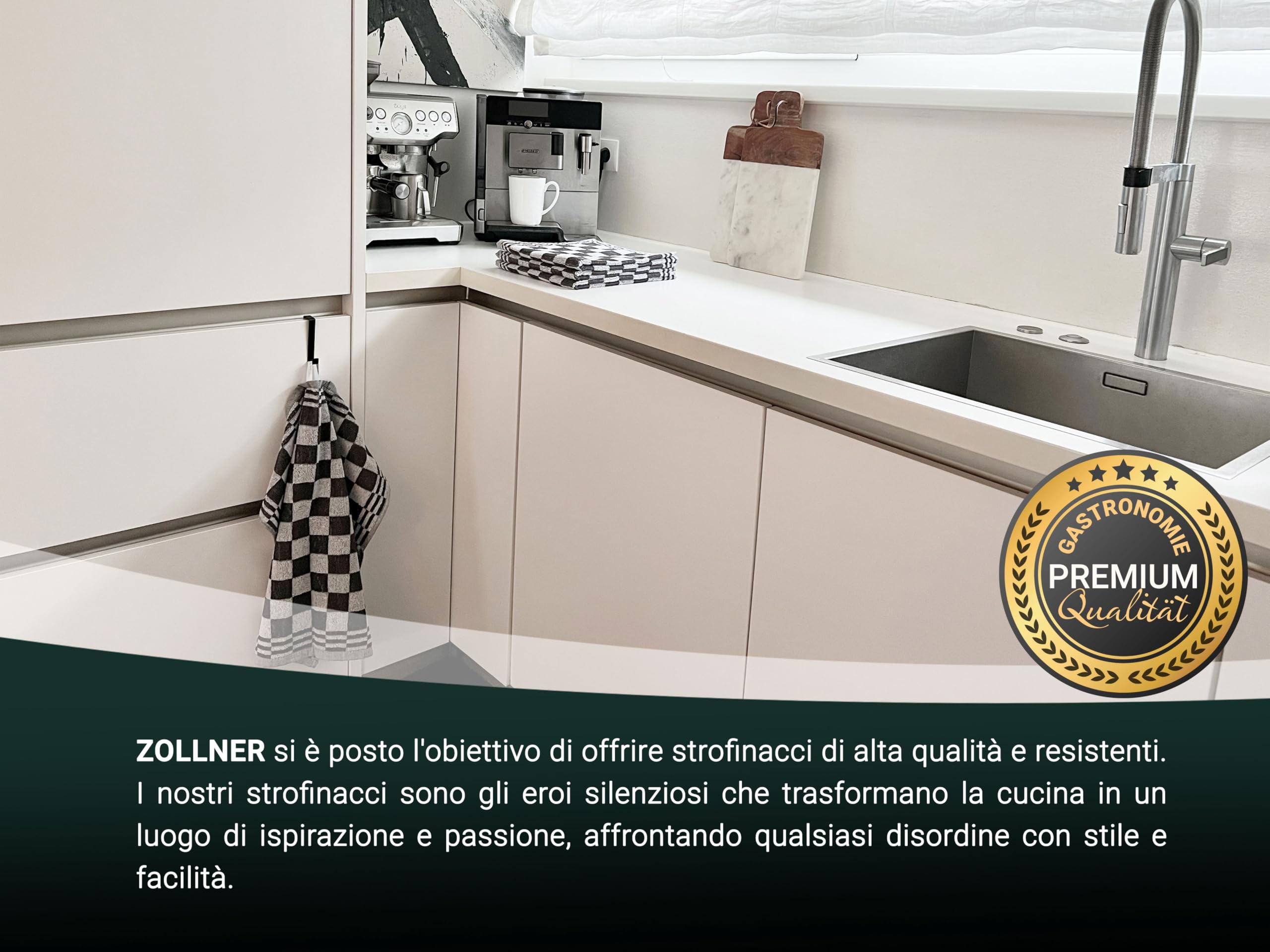 ZOLLNER 4 strofinacci in cotone 50x50 cm - canovacci assorbenti e resistenti - lavabili a 60°C - a quadretti grigi e bianchi - qualità gastronomica - certificato OEKO TEX (R)