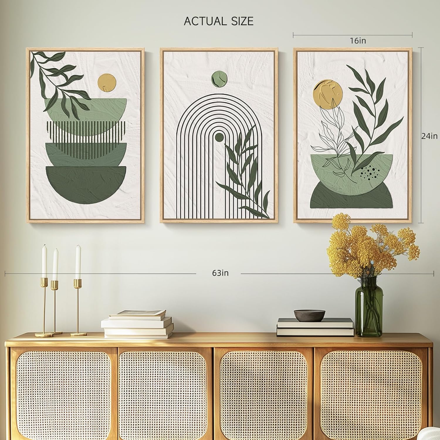 Framed Sage Green Large Boho Canvas Wall Art, Set of 3 Piece Bohemian Beige Green Prints Paintings, Boho Wall Hanging Pictures for Living Room, Hallway, Bedroom Wall Decor 16x24 Inch