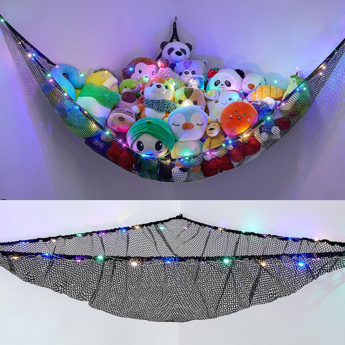 Stuffed Animals Hammock with LED Light Toy Net Room Decor Corner Storage