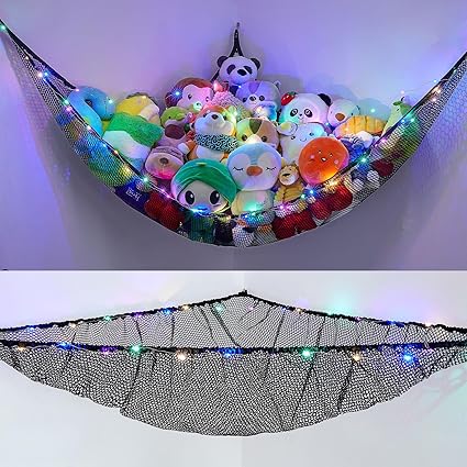 Unicorn Castle Stuffed Animals Net or Hammock Kids Toy Storage Organizer with LED Light Hanging Corner Stuffed Animals Holder Kids Girls Room Decor,Black,Large (Pack of 1)