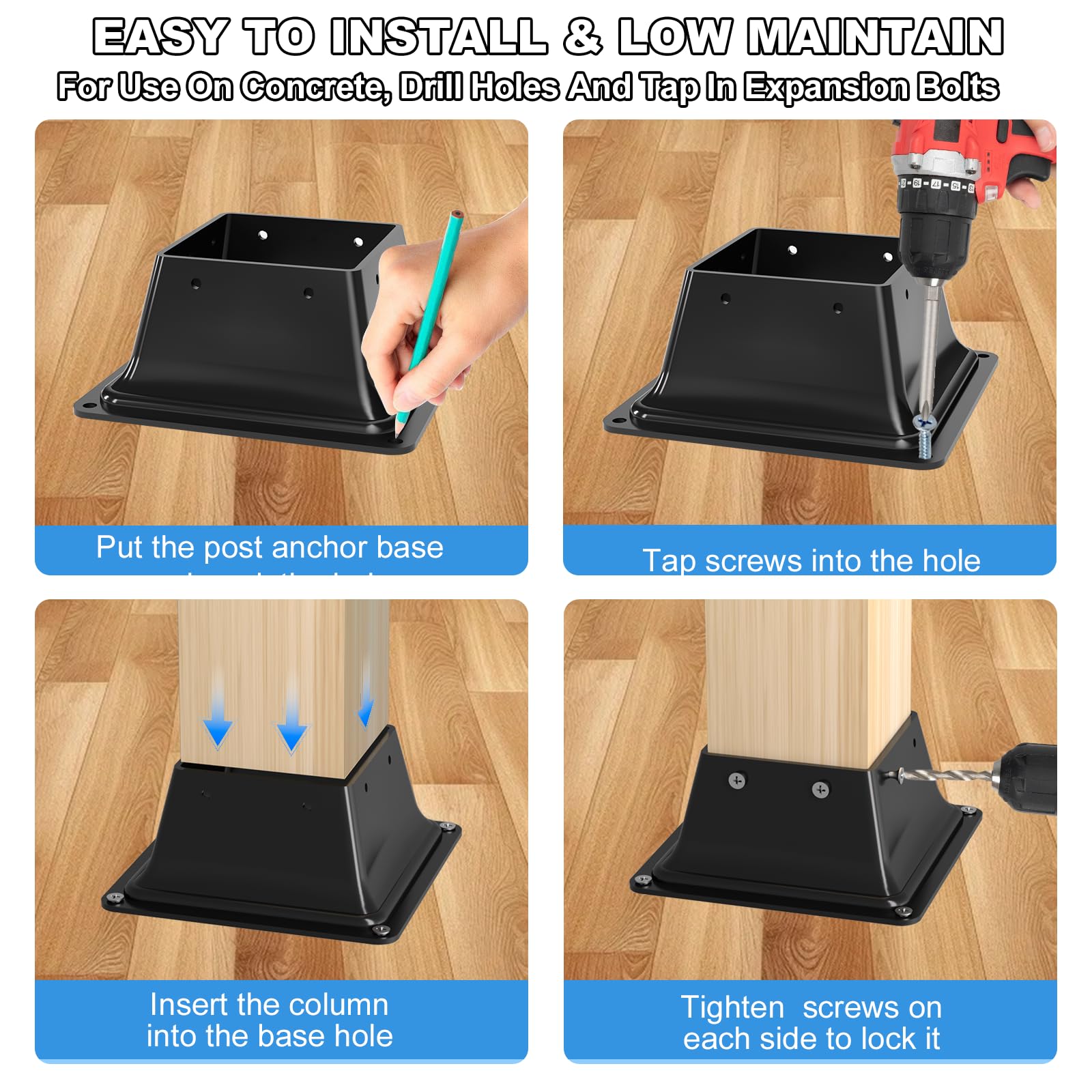 Base de poste de 4 x 4, 10 unidades, tamaño interior de 3.5 x 3.5, soportes de poste de metal resistente, anclajes de poste de cubierta, soporte de poste de madera con recubrimiento en polvo para