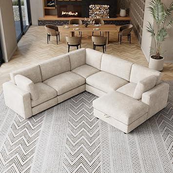 111" D x 111" W Oversized Cloud Couch U Shaped Modular Sectional Sofa Large Sectional Couches for Living Room Comfy Chenille 6 Seat Sofa Set with Storage Ottoman, Removable Cover, Beige White