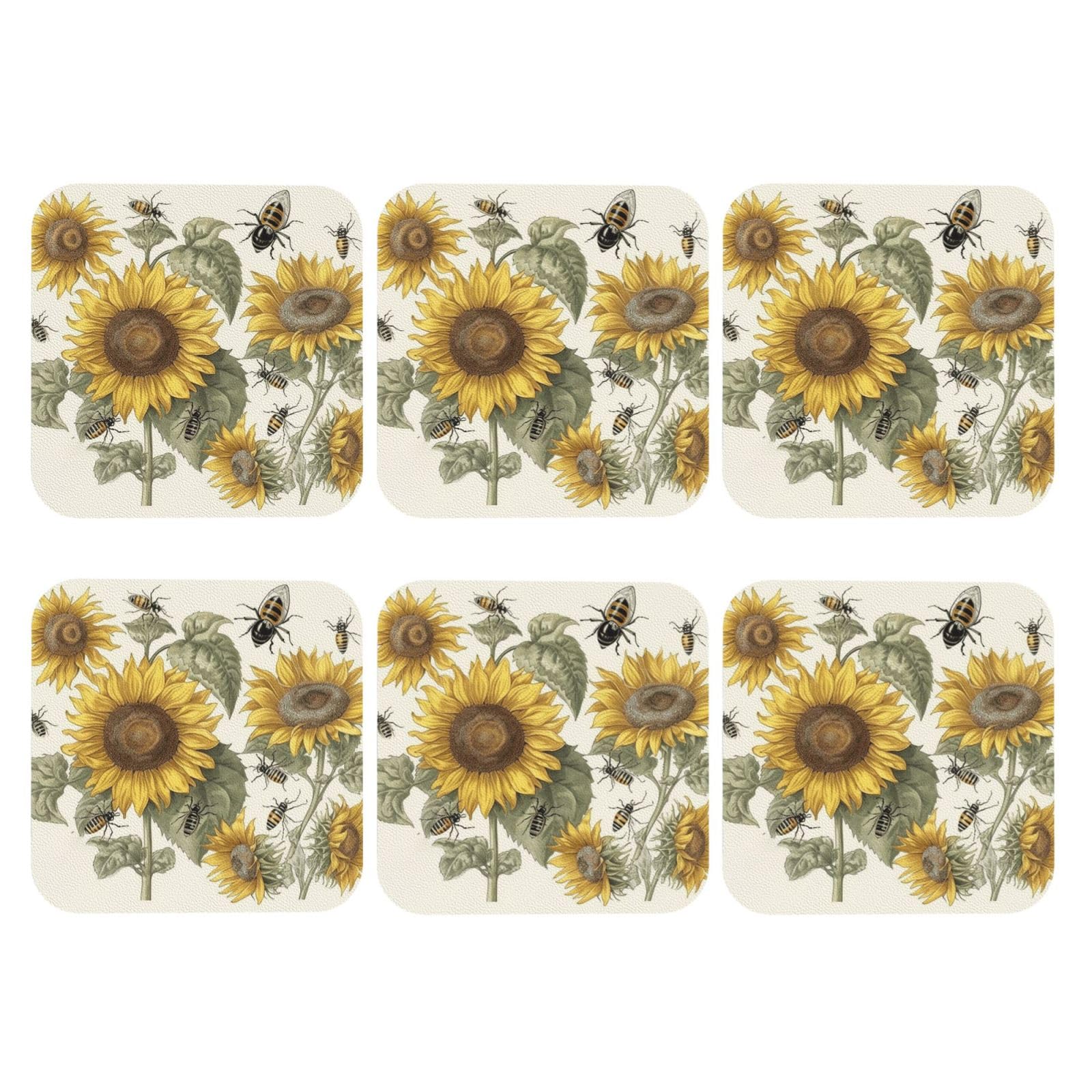 6pcs Leather Coasters for Drinks, Sunflowers and Insects Drink Coasters for Tabletop Protection, 4" Cup Coasters for Coffee Table Decor, Non-Slip Drinking Cup Mat for Hot Or Cold Drink