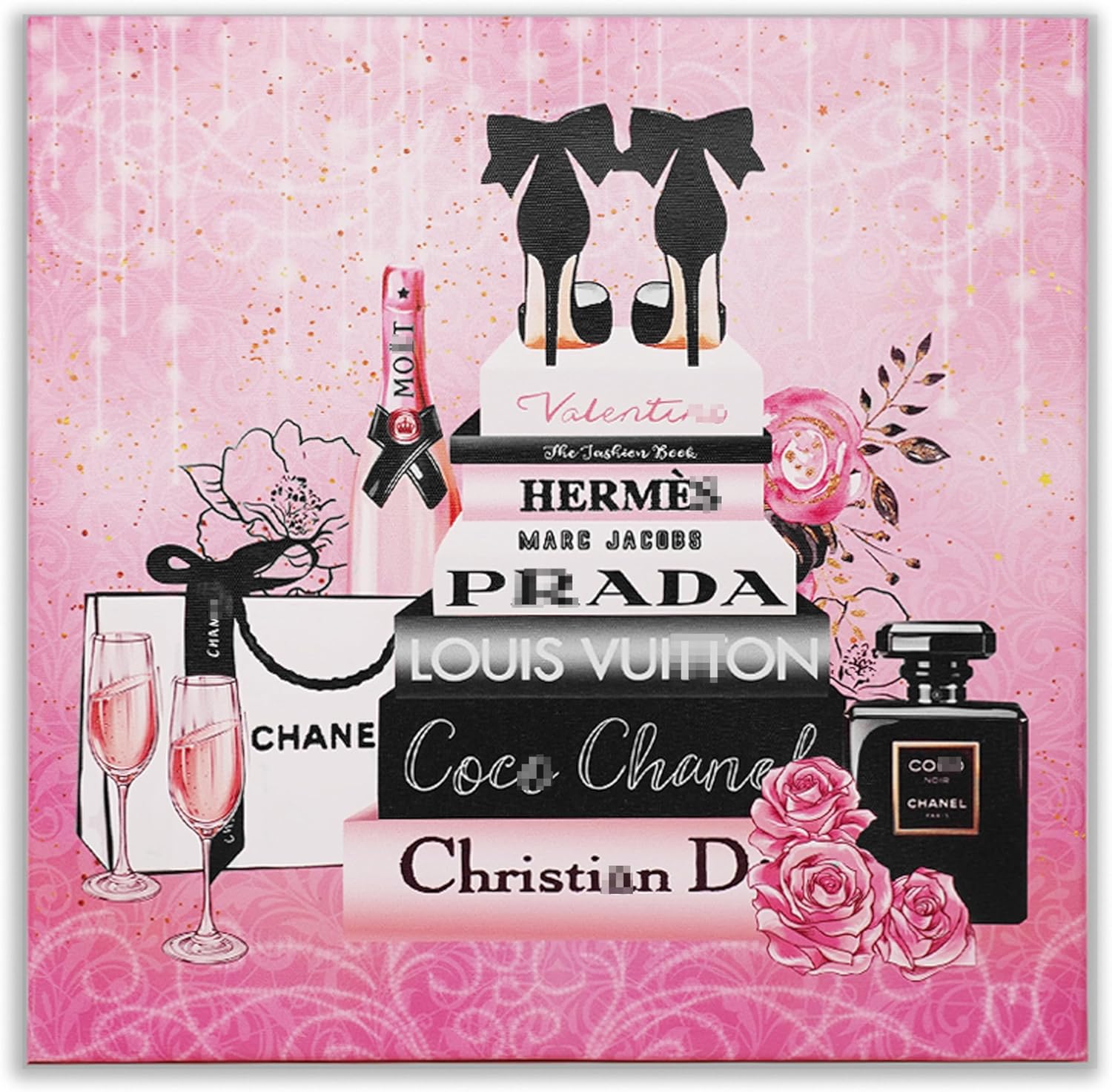 Bkyedsa Pink Wall Art Fashion Book Floral High Heels Pictures Wall Decor, 12x12 Inch Trendy Canvas Painting for Girls Women Room Bathroom Decor