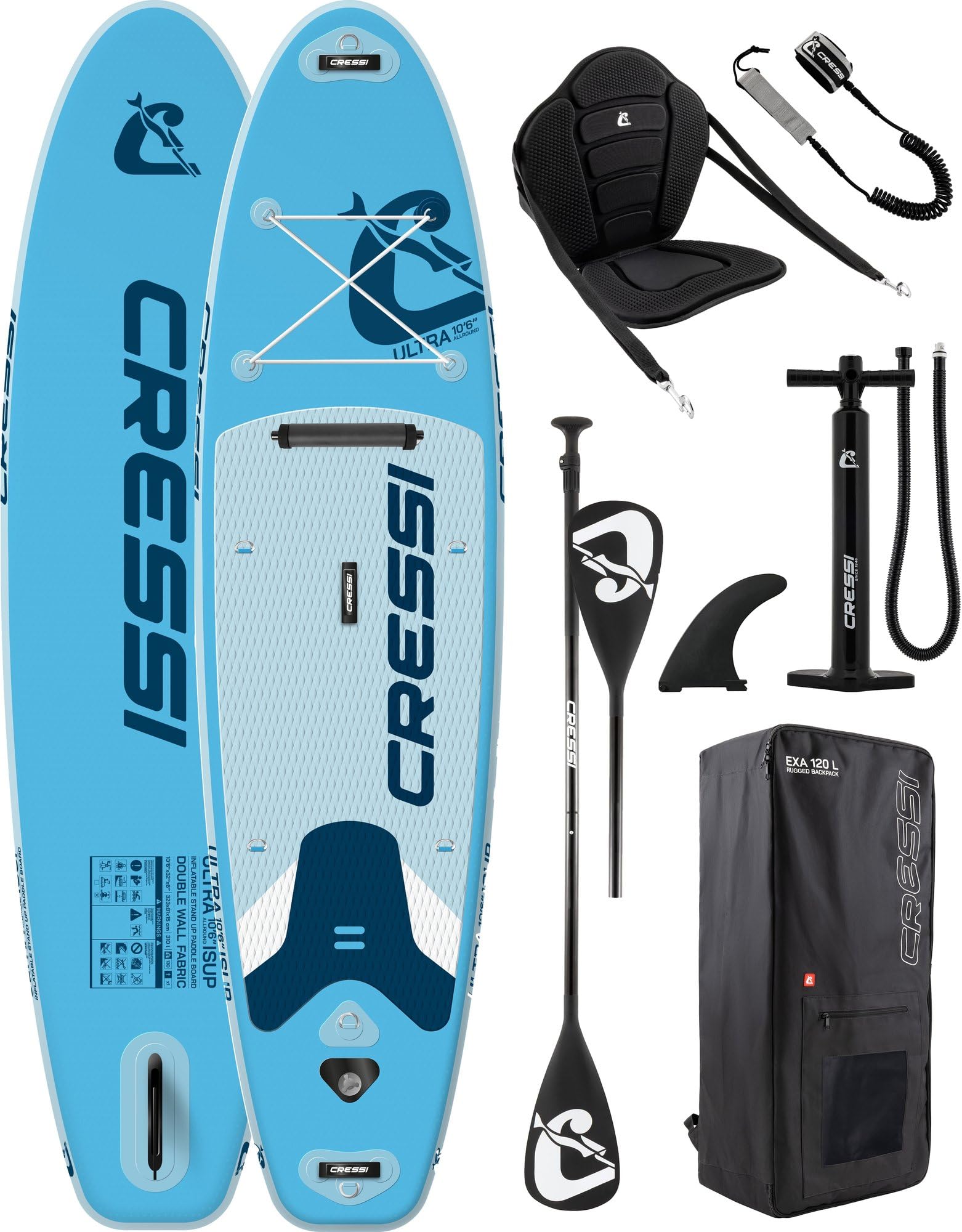 CRESSI dal 1946 - Ultra Isup/Kayak Set - Tavola Sup Gonfiabile Adulti Grande Stabilità e Resistenza Completa di Accessori Pagaia Pinna Pompa Laccio Borsa Zaino - 320x81x8 cm Max 130 kg