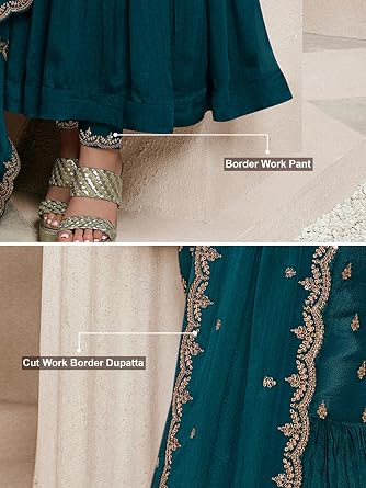 TRENDMALLS Women's Silk Blend Embroidery Work Anarkali Kurta Pant Set with Dupatta