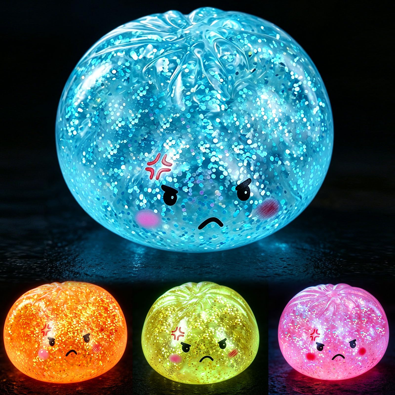 Glitter Dumpling Squishy Fidget Toy, 2026 New Luminous Glow in The Dark Dumplings Squishy Toy with Mystery Box, Cute Stress Relief Sensory Toys with Angry Face, Party Favors for Adults
