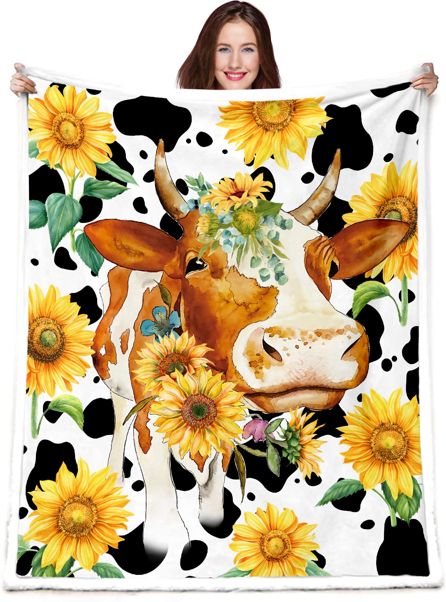 Cow Print Blanket Sunflower Throw Blanket,Farmhouse Couch Blanket,Blanket Throws for Couch Soft,Nap Blanket,Cow Print Bedding,Cow Blanket for Kids Girls Boy Toddler,(Throw 50"x60")