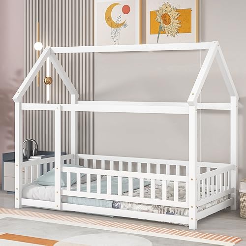 LLS Marco de cama individual con valla, cama Montessori de madera, cama de casa para dormitorio de niños y niñas, color blanco