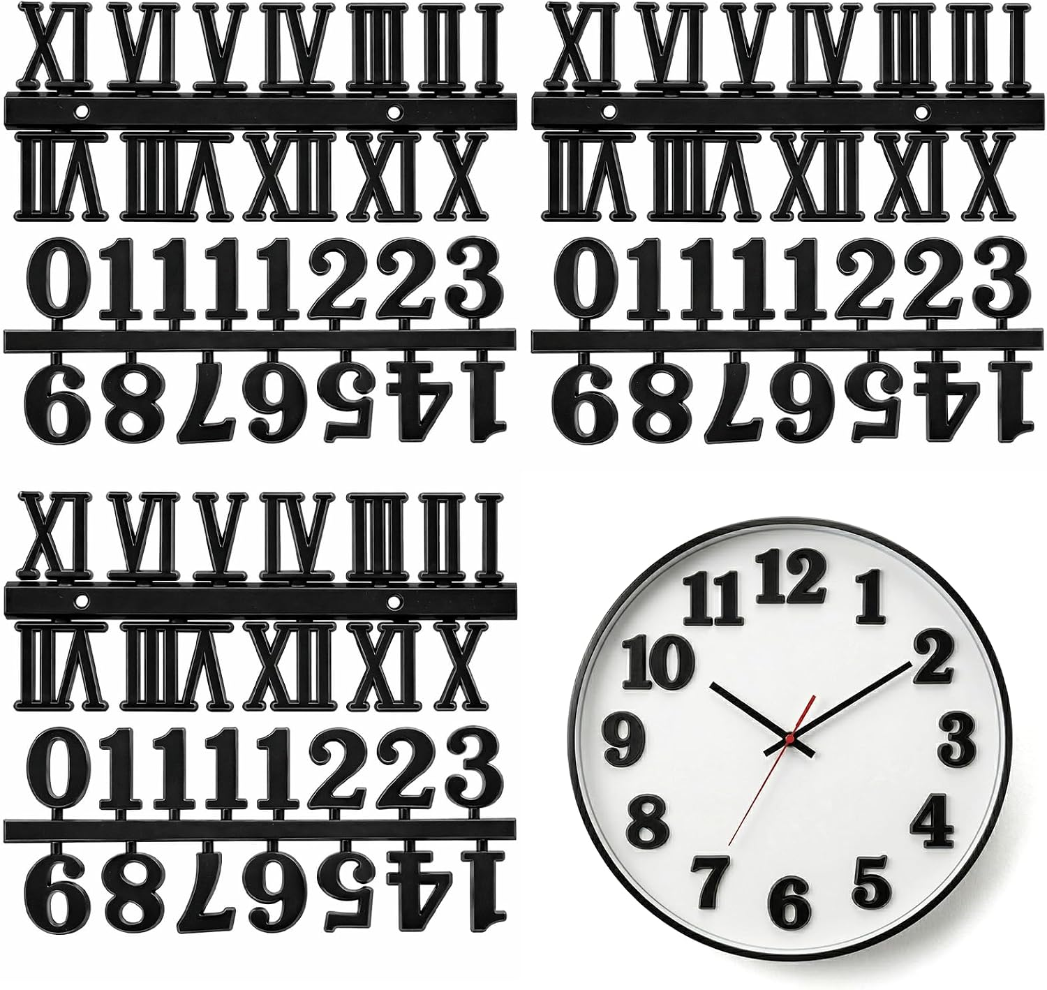 6 Set Clock Numbers, DIY Clock Kit Including Arabic and Roman Number for DIY Clock-Design, Replacement and Repair, Durable Plastic Clocks Accessories, Black