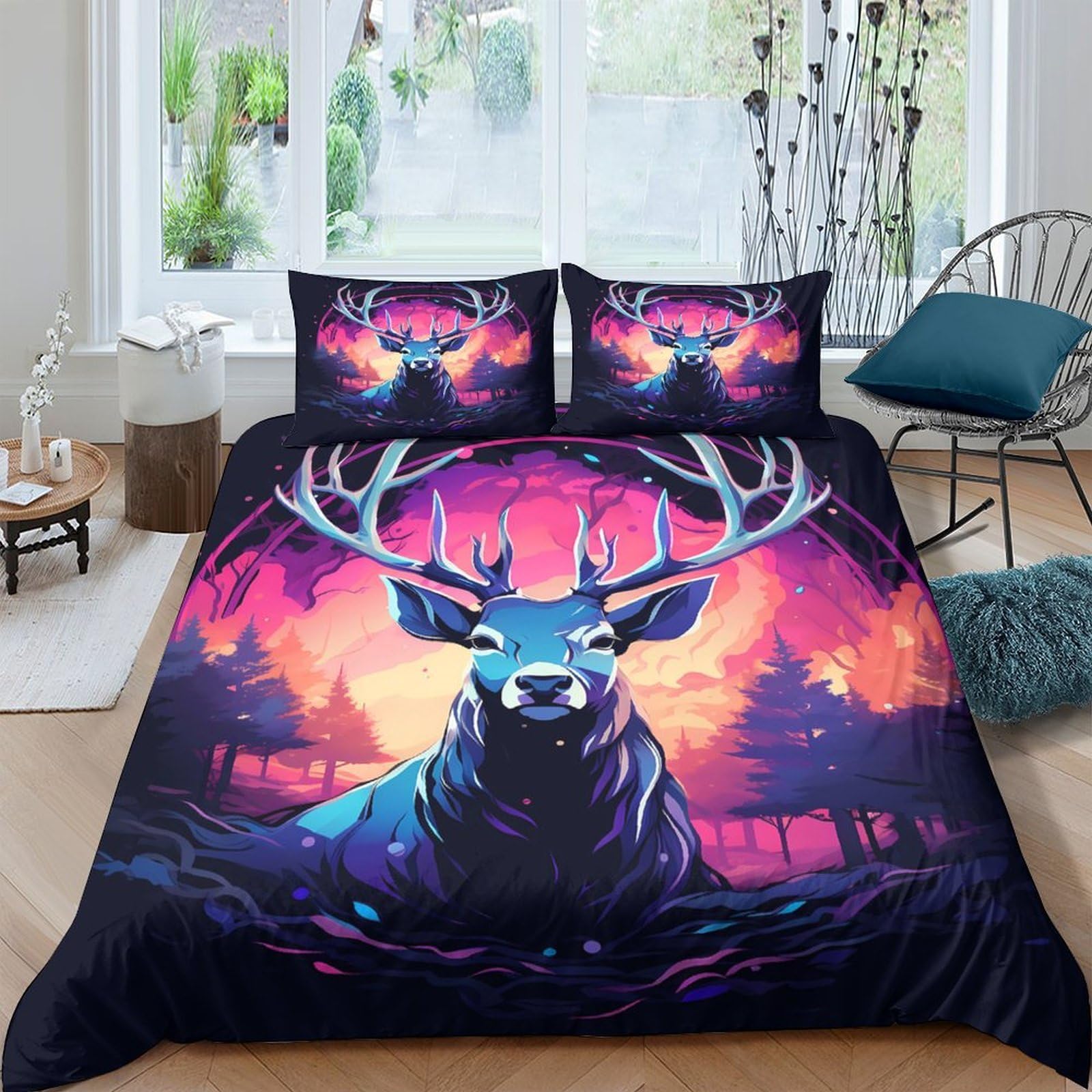 GPLZQXKJNH 3D Printed Forest Deer Duvet Cover Microfiber Soft Breathable Sunset Lake Bedding Set with 2 Pillowcases for Bedroom Decor Single（135x200cm）