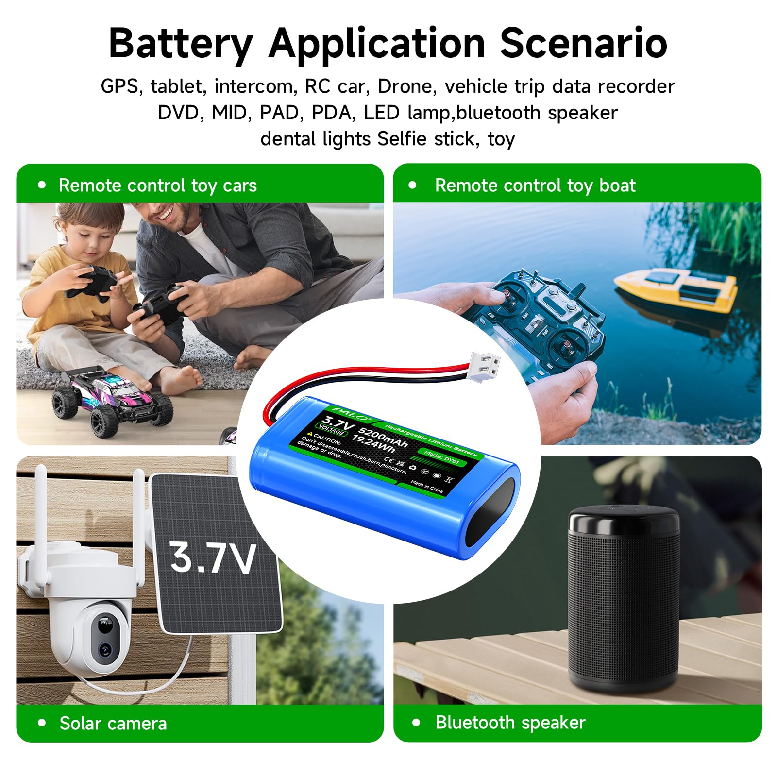 3.7V 5200mAh XH2.54/2P Batteria Connettore, Batterie Litio Riutilizzabili 2 Pezzi per Auto Giocattolo RC, Telecamera Wireless Solare, Altoparlante Wireless, Luce a Led Esterna