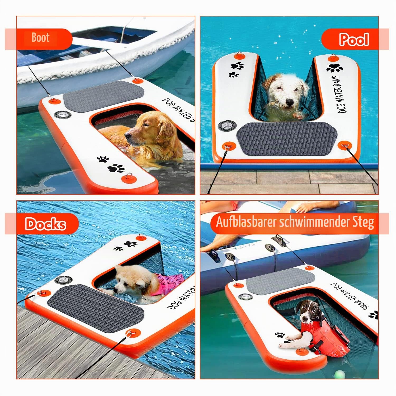 Snagle Paw Extra breite Rampe für Hunde (orange) – PVC, 160 x 102 x 25,4 cm, Tragfähigkeit von 68 kg, aufblasbare Leiter für Pool, Steg und Boot