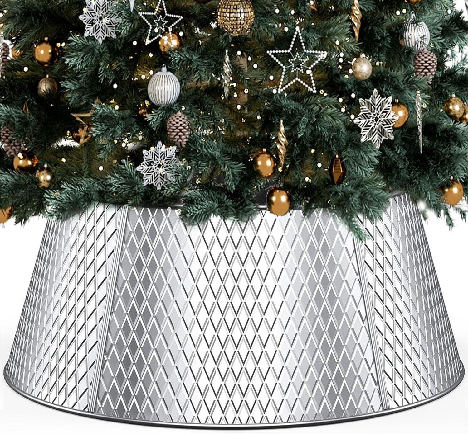 Kesfitt Christmas Tree Collar,28'' Metal Christmas Tree Skirt Base Collar Stand for Most Christmas Trees or Artificial Trees,Holiday Decorations Protection from Pets(Silver)