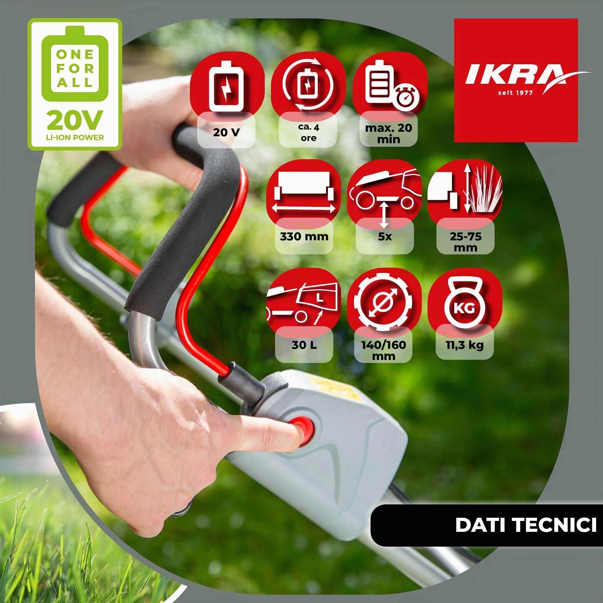 IKRA tosaerba ICM 2033, 33 cm, con 2 batterie da 20 V e caricabatterie | Altezza di taglio 25-75 mm, tosaerba mulching per prati fino a 150 m², sacco di raccolta da 30 l, batteria 20 V di IKRA