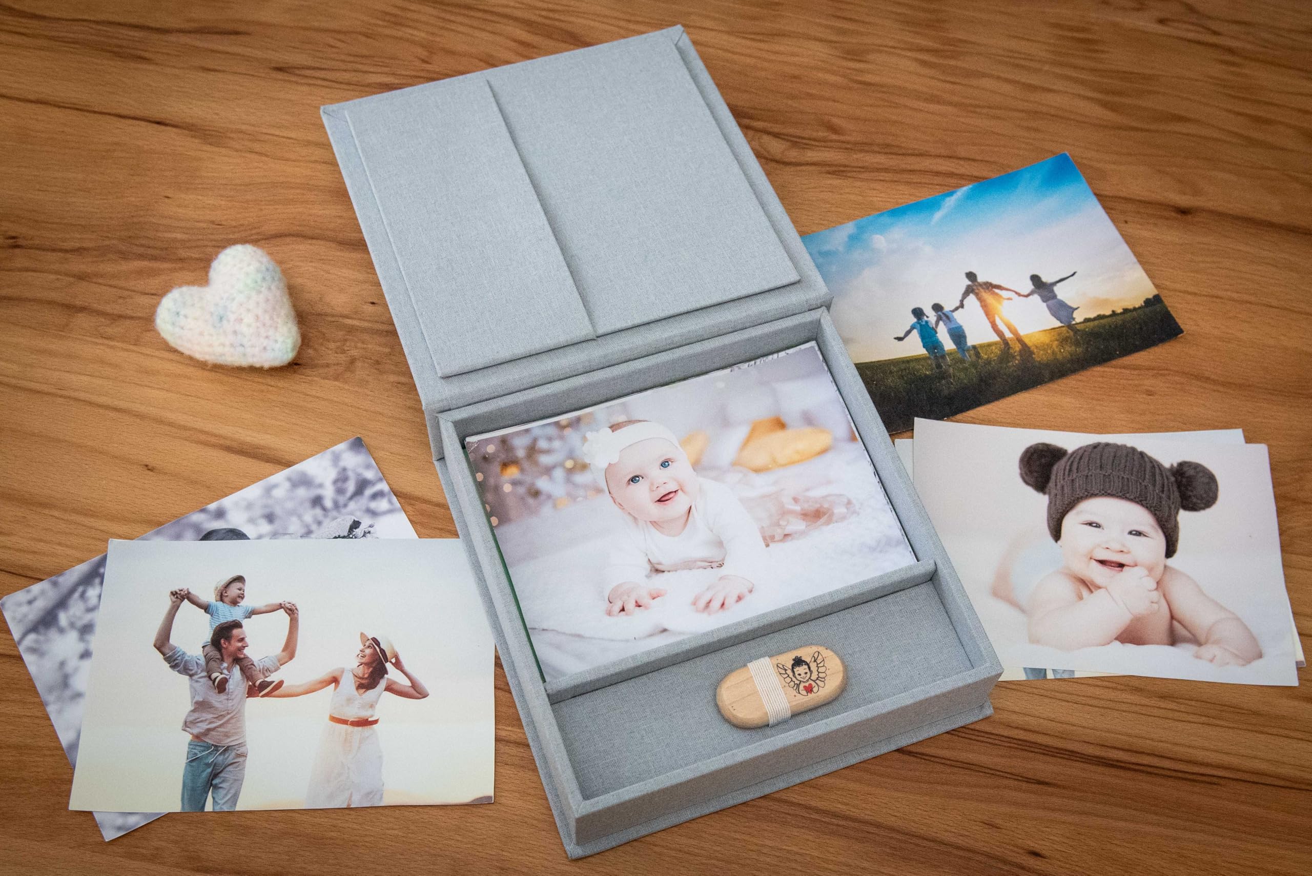 Élégante boîte à photos, avec fente USB, pour clés USB et tirages photo, 13 x 18 cm (sans USB), boîte de rangement, boîte de rangement, boîte à souvenirs, cadeau photo (gris, 21 x 21 x 5 cm)