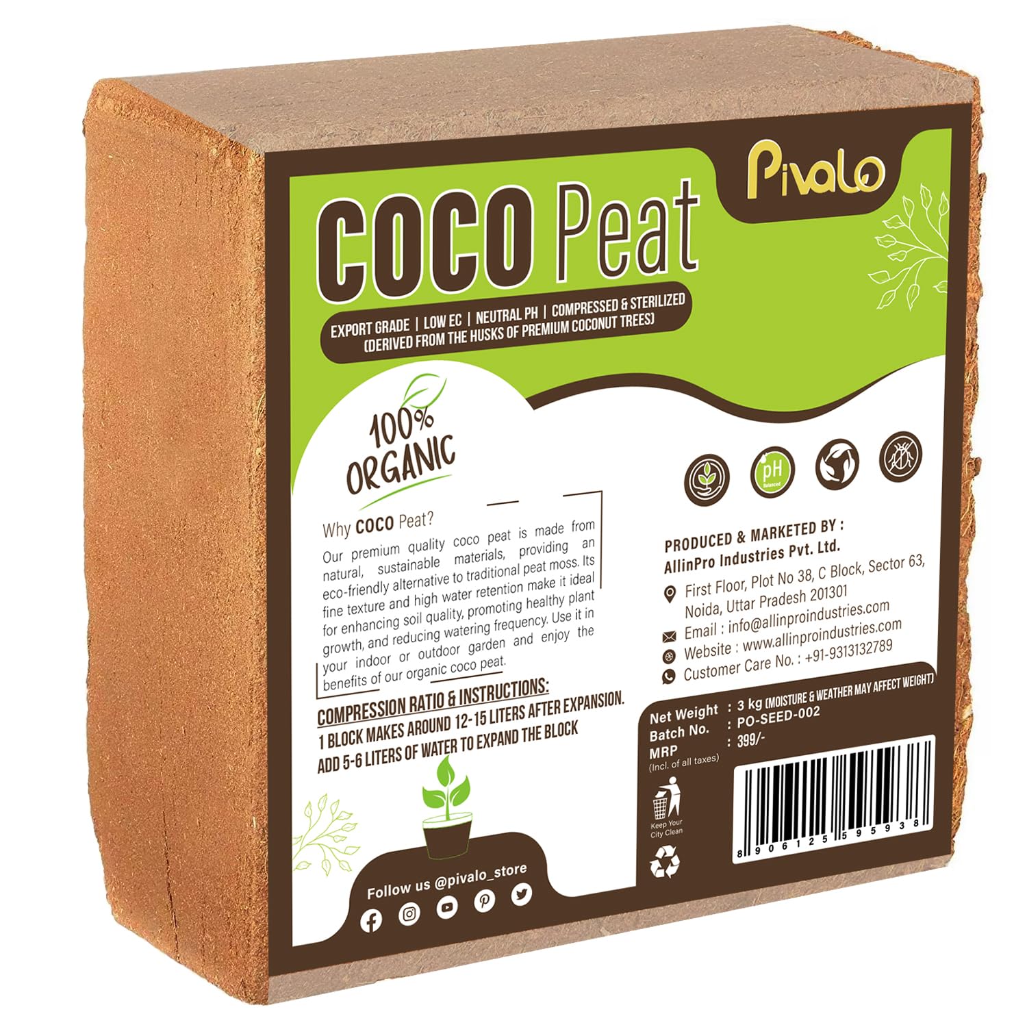 Pivalo Cocopeat Block Organic Fertilizer & Soil Manure Compost Khaad Coco Peat Potting Mixture for Home Gardening and Potted Plants (3 Kg)
