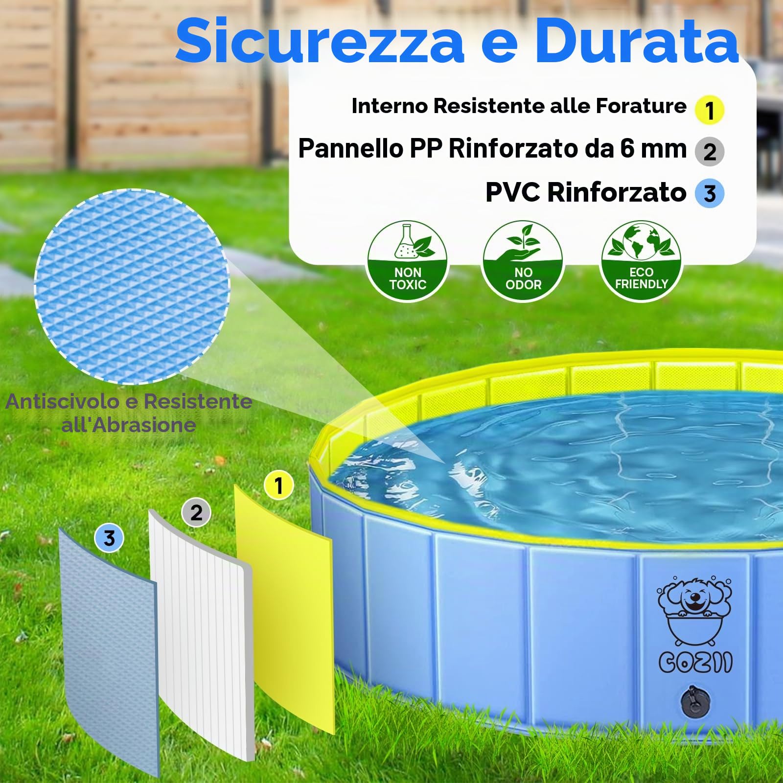 COZII Piscina per cani pieghevole, 160 x 30 cm, antiscivolo, resistente, grande, per cani, bordo in PP da 6 mm e PVC rigido, piscina portatile per bambini, cani, animali domestici