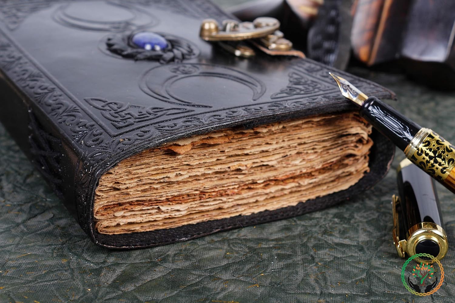 Vintage Leather Journal Semi Precious Witch Stone Triple Moon Design-Lock Closure, 200 Antique Deckle Edge Blank Paper-Book of Shadows, Grimoire Journal, Witch Journal for Men and Women (8x6 Inch, Black)