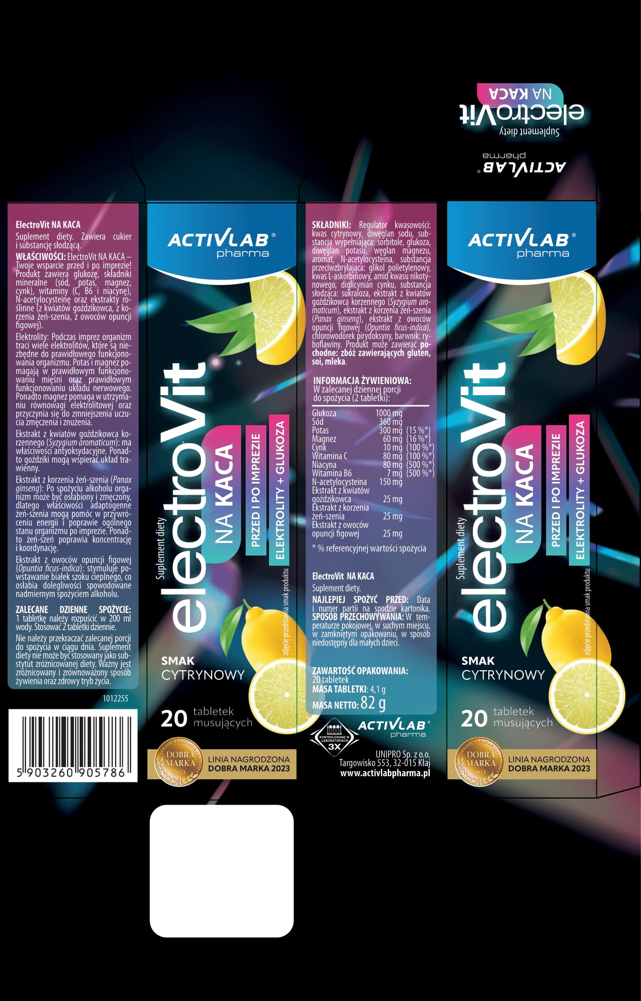 Activlab ElectroVit Hangover Post-Party Support z glukozą, elektrolitami i ekstraktami roślinnymi, 14 x 20 tabletek musujących, smak cytrynowy, sód, potas, cynk, magnez, B6, witamina C