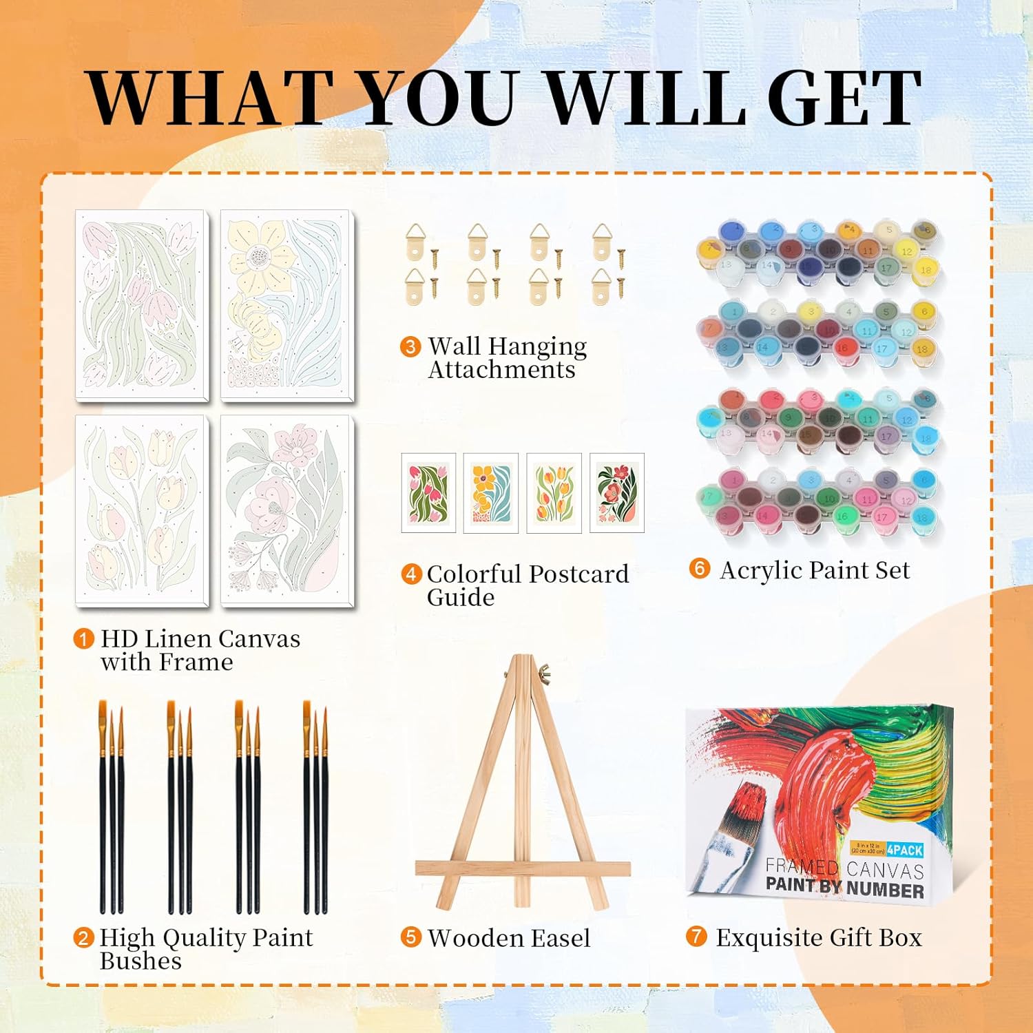 4 Pack Paint by Numbers Kit for Adults with Frame Flower Easy, Framed Paint by Number for Adults Beginner with Wooden Easel, Floral DIY Painting by Numbers Canvas Framed for Home Decor 8 x 12 Inch