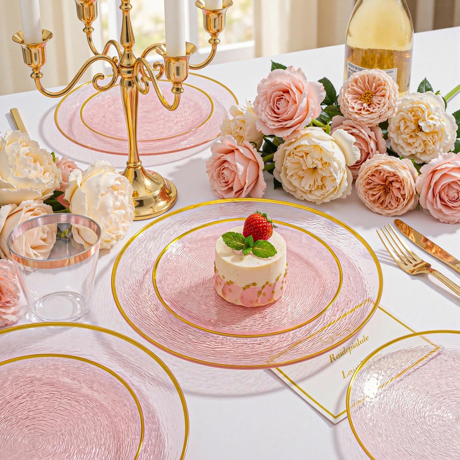 Liacere 60Pcs Pink Plastic Plates-Pink Disposable Plates With Gold Rim-Heavy duty Gold Plates,Water ripples Party Plates Include 30Dessert-Platos,30Dinner-Platos for Weddingy&Mother's Day&Party
