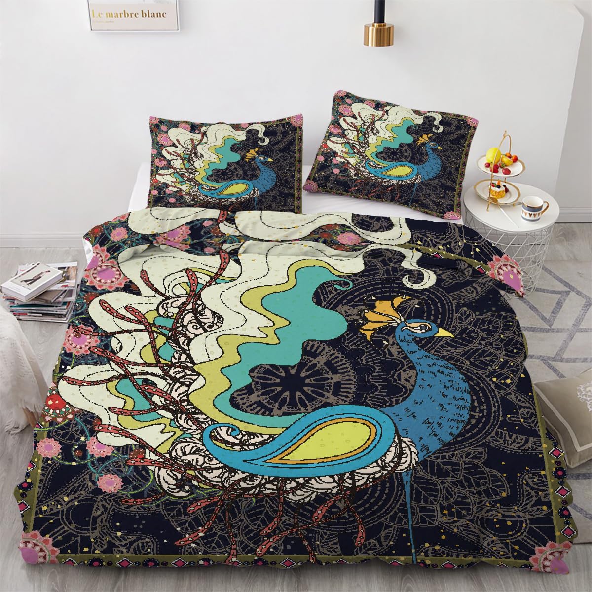 Housse de couette paon 2 personnes 240x260 avec taies en microfibre