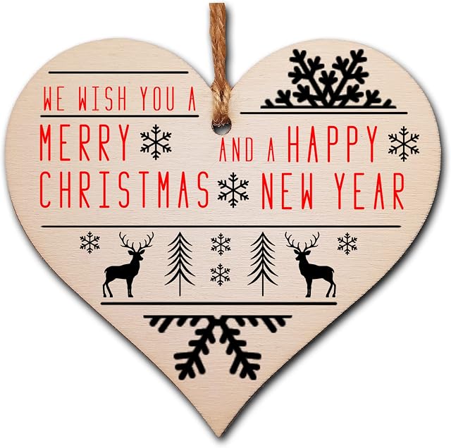 Handmade Christmas Hanging Wooden Heart Plaque Decoration Gift or Tag to wish someone special a merry xmas Stag and Snowflake monochrome design festive bauble