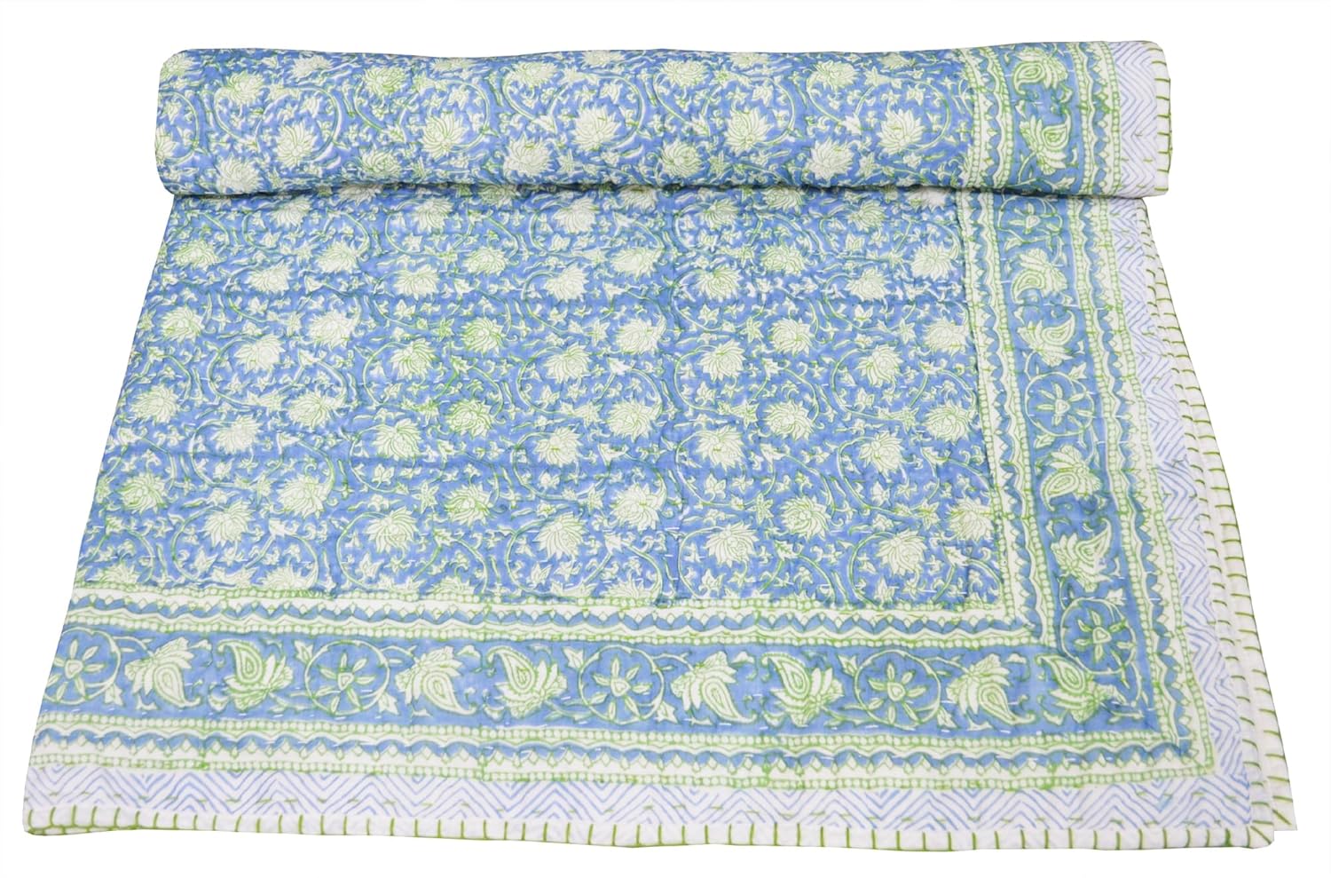 Aashita Creations Toddler Hand Work Kantha Cotton Baby Quilt, Bedspread Throw Floral Printed Baby Quilt_1053
