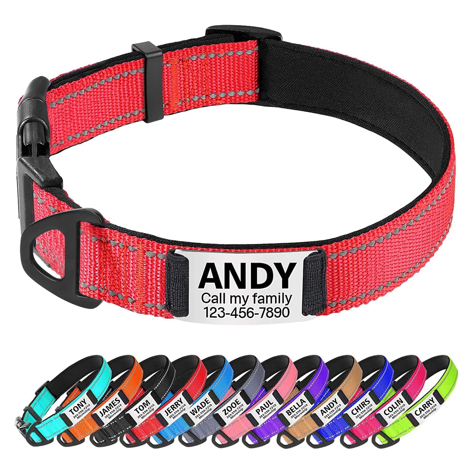 TagMEPersonalised Dog Collar Reflective Padded Collar for Small Medium Dogs with Custom Engraved Slide On Name Plate,Red S
