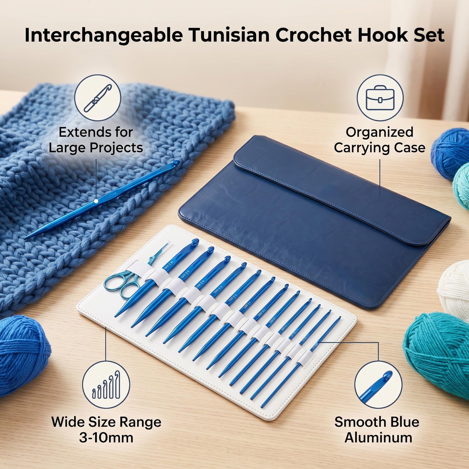 Rengue 12-teiliges Blaues Tunesisches Häkelnadel-Set aus Aluminium, 3,0–10,0 Mm, Austauschbare Nadeln mit 4 Kabeln, Ergonomisches Afghanisches Häkelset für Decken, Schals, Dekor