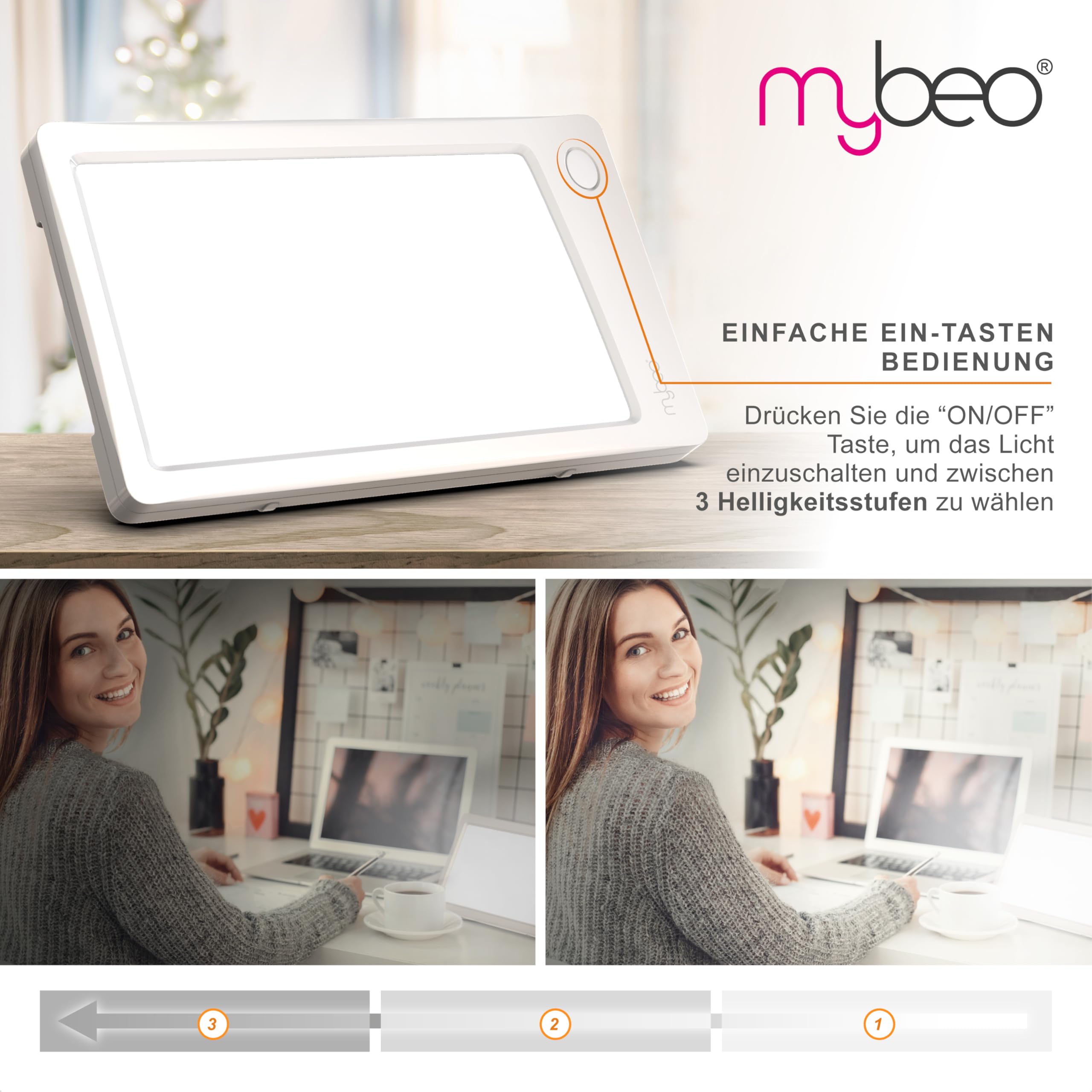CSL-Computer MyBeo Tageslichtlampe Tageslichtsimulation dimmbar 3 Helligkeitsstufen Lichttherapie flimmerfrei UV-frei