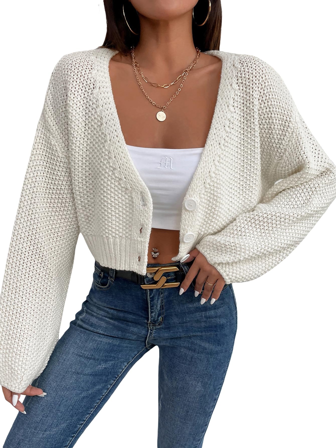 MakeMeChicWomen's Waffle Knit V Neck Button Up Bishop Sleeve Cropped Cardigan Sweater