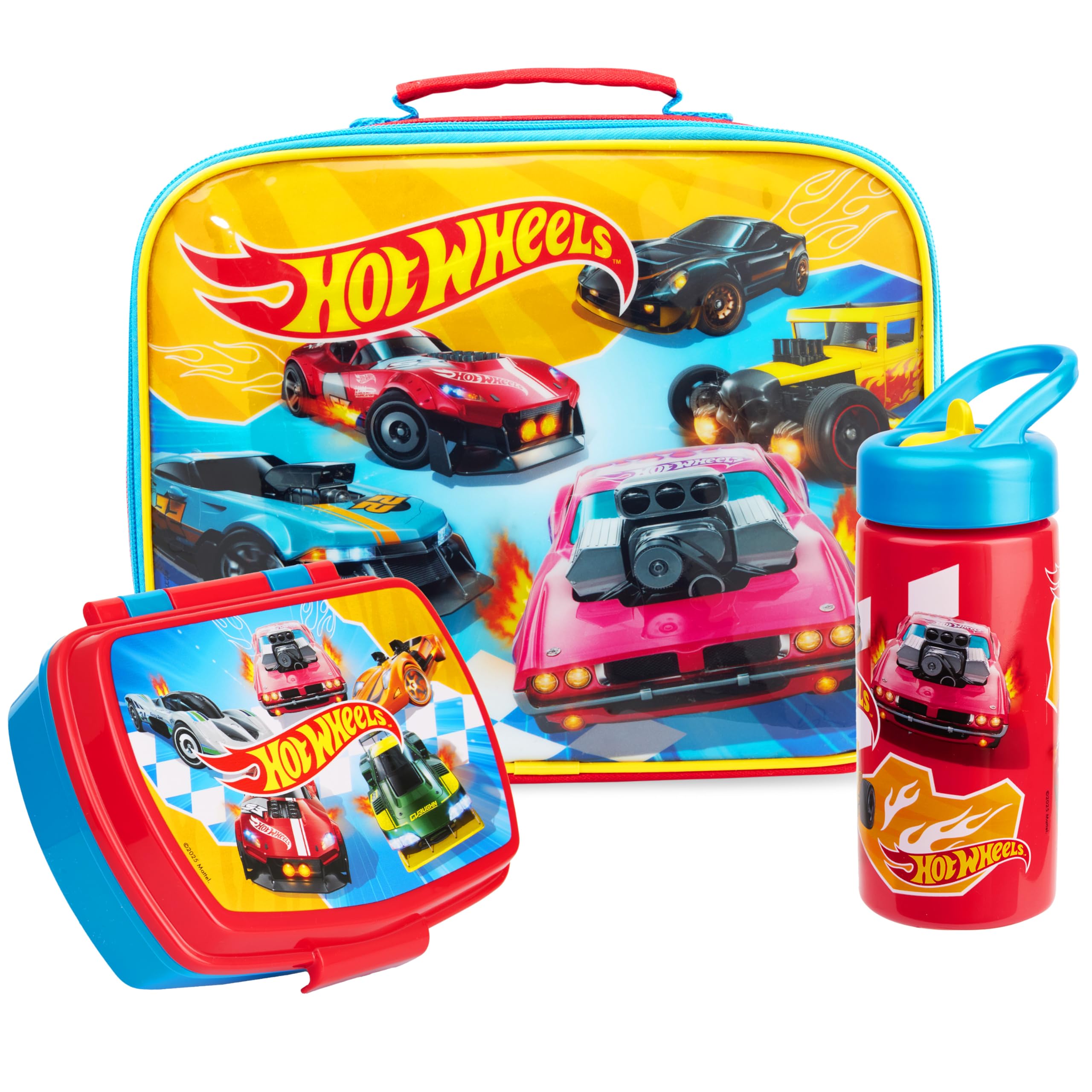 Get Trend Hot Wheels Insulated Lunch Bag Set for Boys, 3 Pcs Kids BPA Free Bento Lunch Box 420ml Water Bottle with Straw & Food Bag, Travel Picnic Supplies, School Essentials (Multi Hot Wheels)