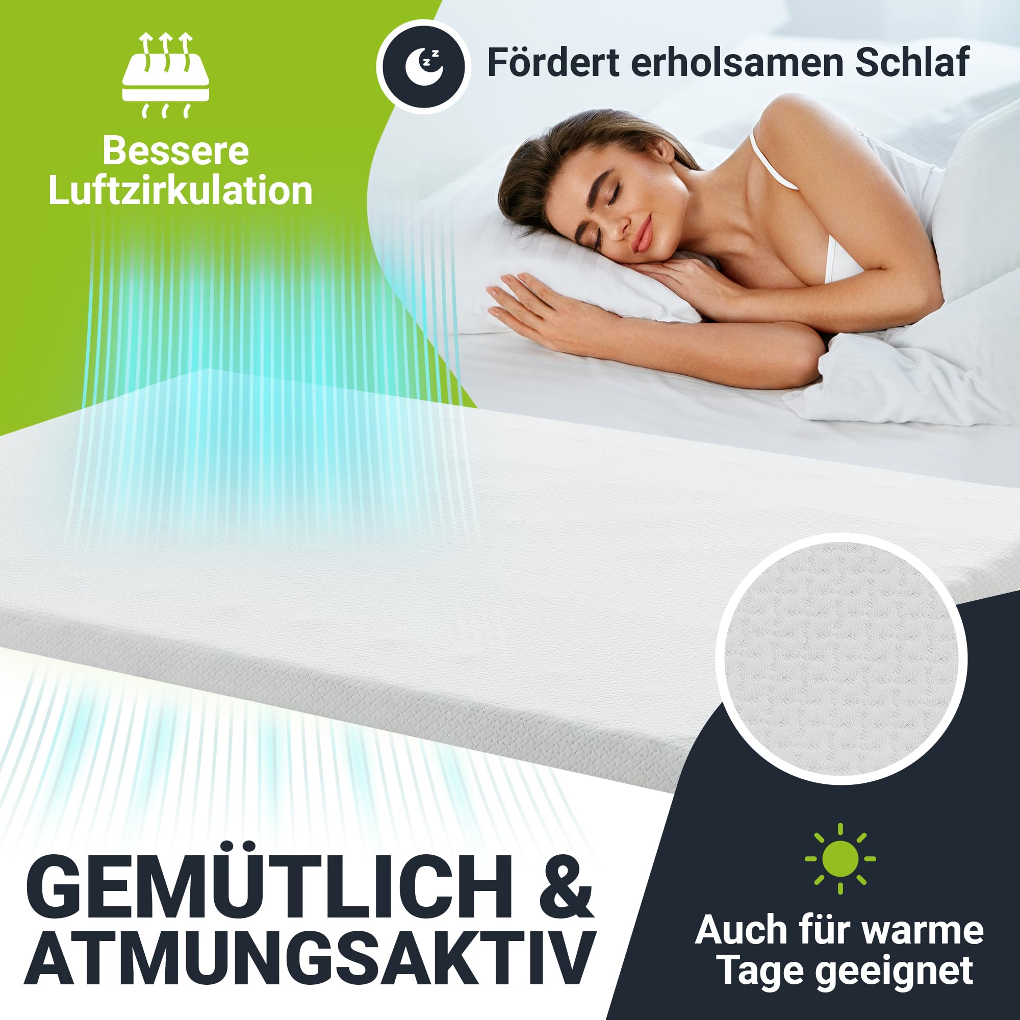 Juskys Topper 90x200 cm aus Memoryschaum, 7-Zonen orthopädisch & atmungsaktiv, 7cm Höhe, H2 - H3, Bezug waschbar Matratzentopper Matratzenauflage White