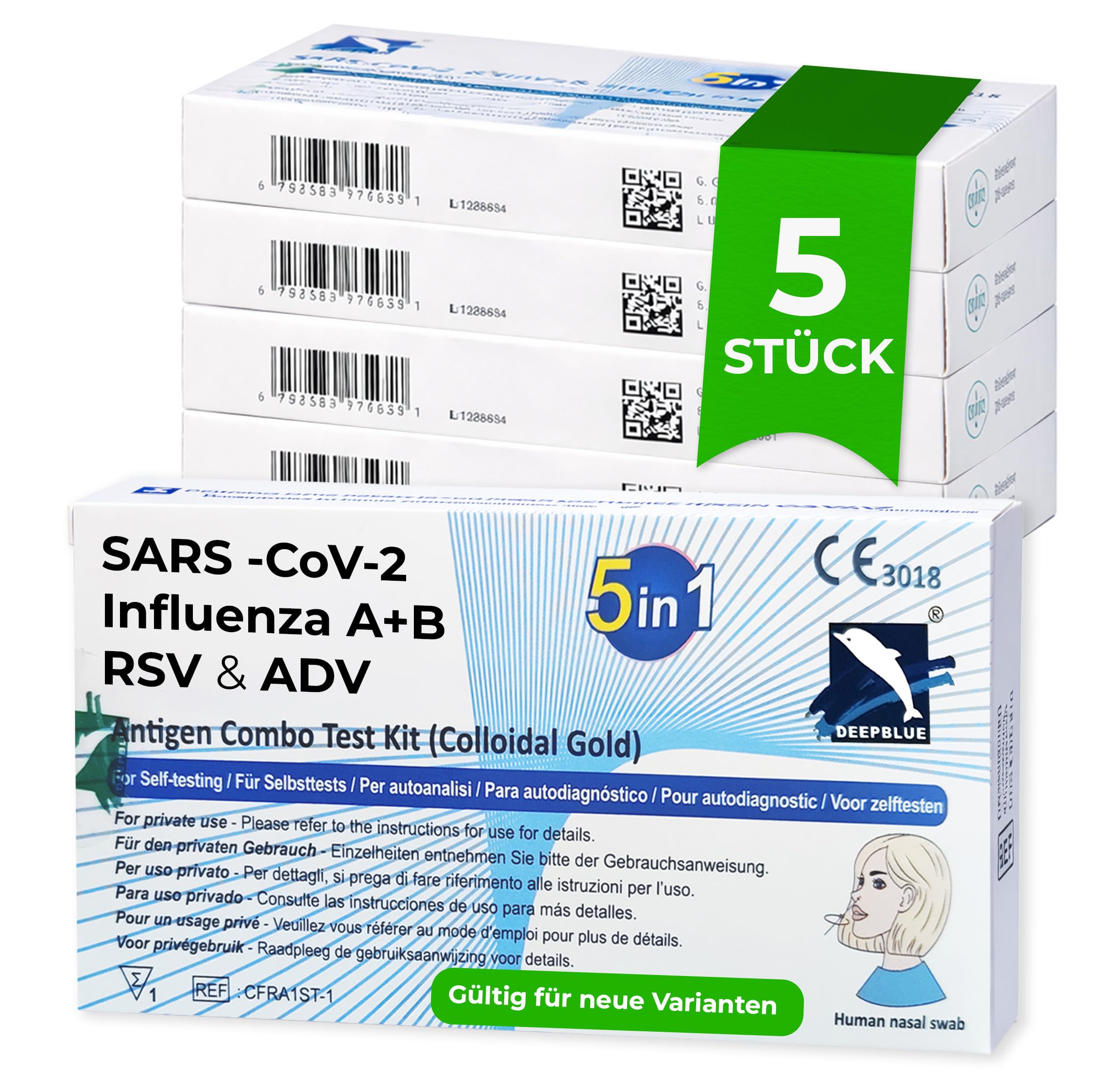 5in1 Antigen Schnelltest 5 Stück – COVID-19 Influenza A+B RSV Adenovirus – 15 Min Ergebnis – Nasenabstrich Selbsttest