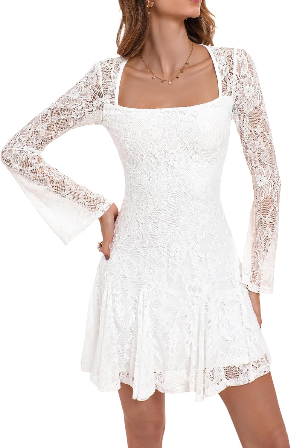 HYPERFIRE Women's Square Neck Floral Lace Mini Dress Flowy Short Dress Mesh Night Out Dresses Club Outfit - Image 3