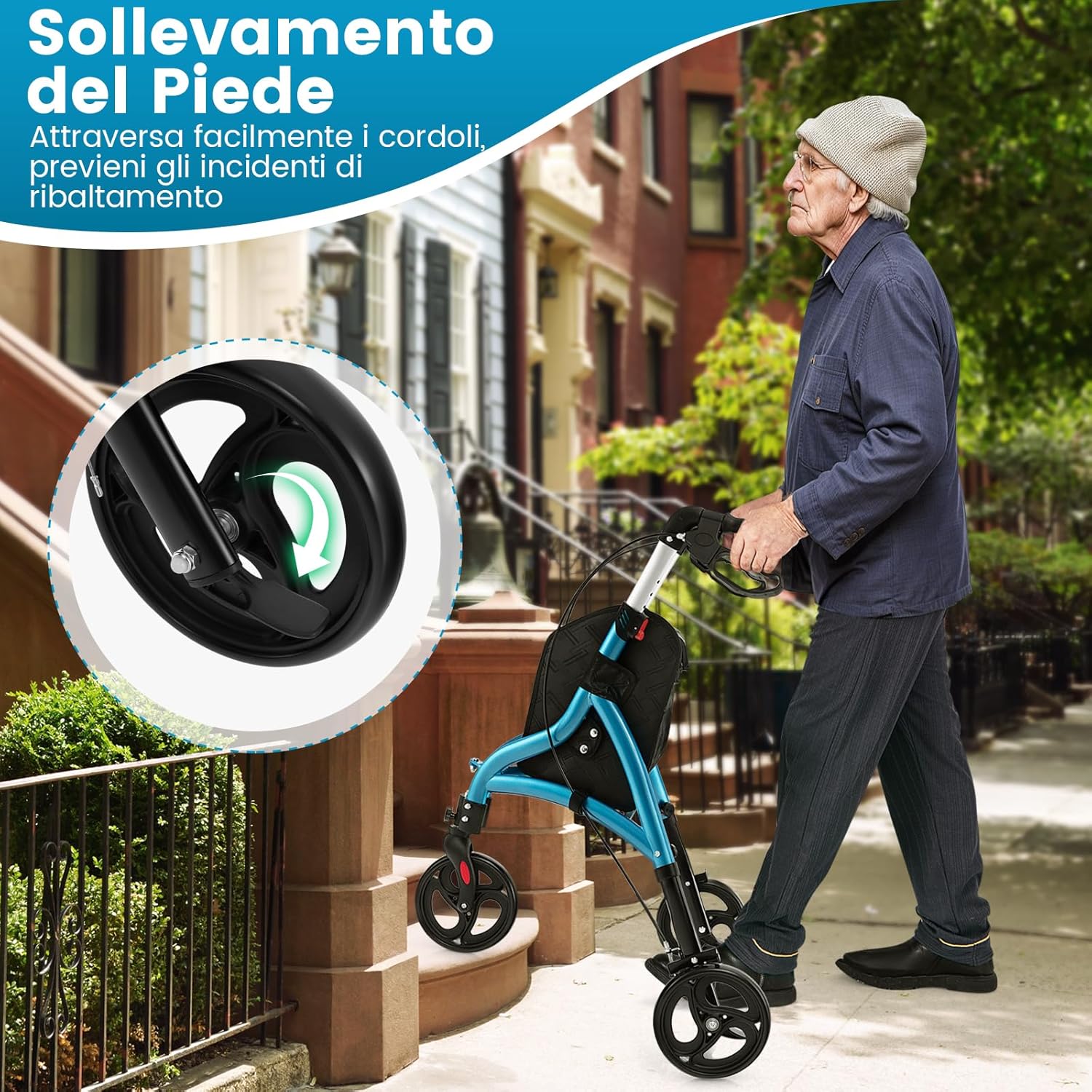 Image showing a person using the foot lift feature to raise the front wheels of the rollator over a small step or curb.