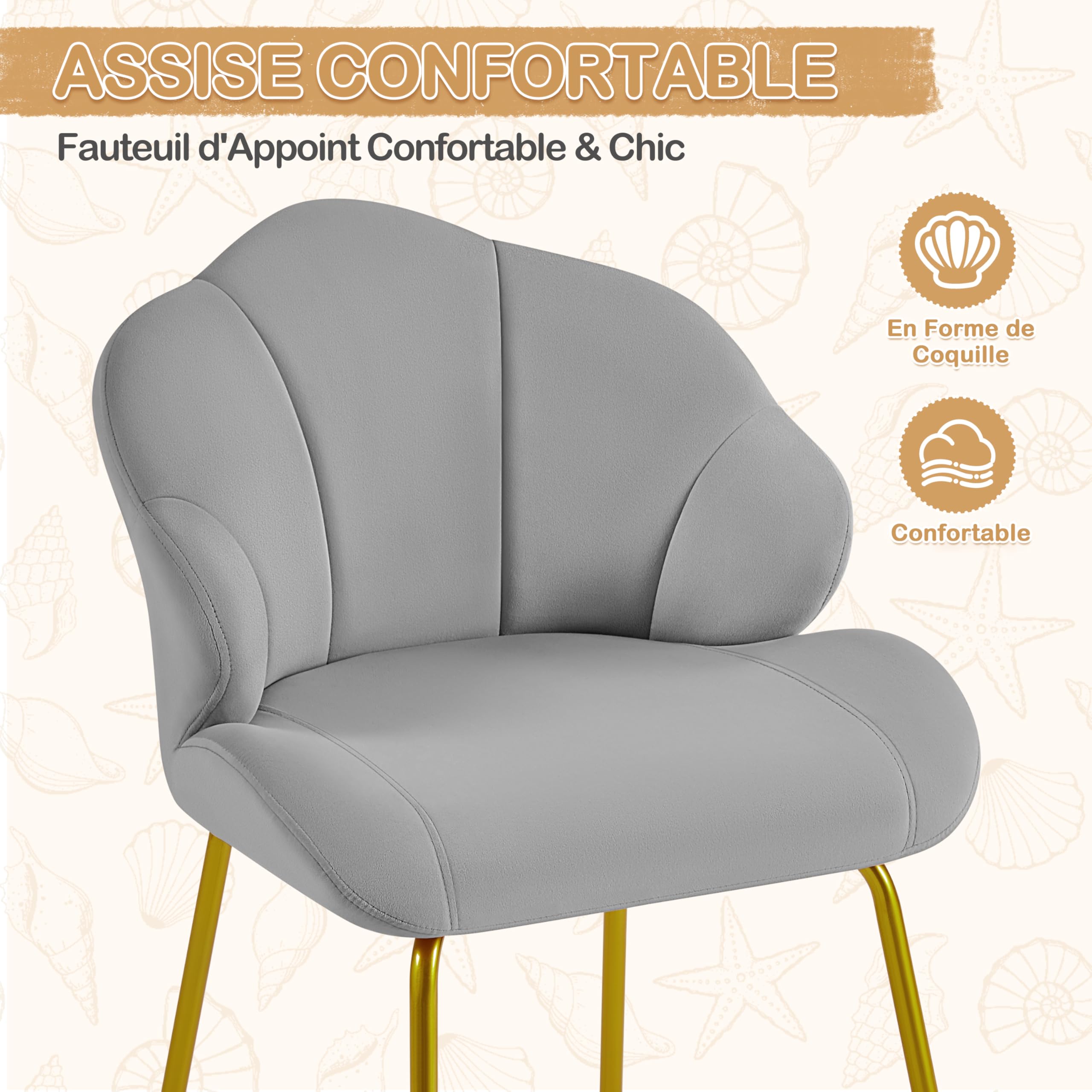 Yaheetech Fauteuil de Salon Moderne, Design Coquillage, Chaise de Chambre à Coucher Confortable, Rembourré, Ergonomique, Fauteuil en Velours avec Dossier, Pieds en Métal Plaqué Or Gris Clair
