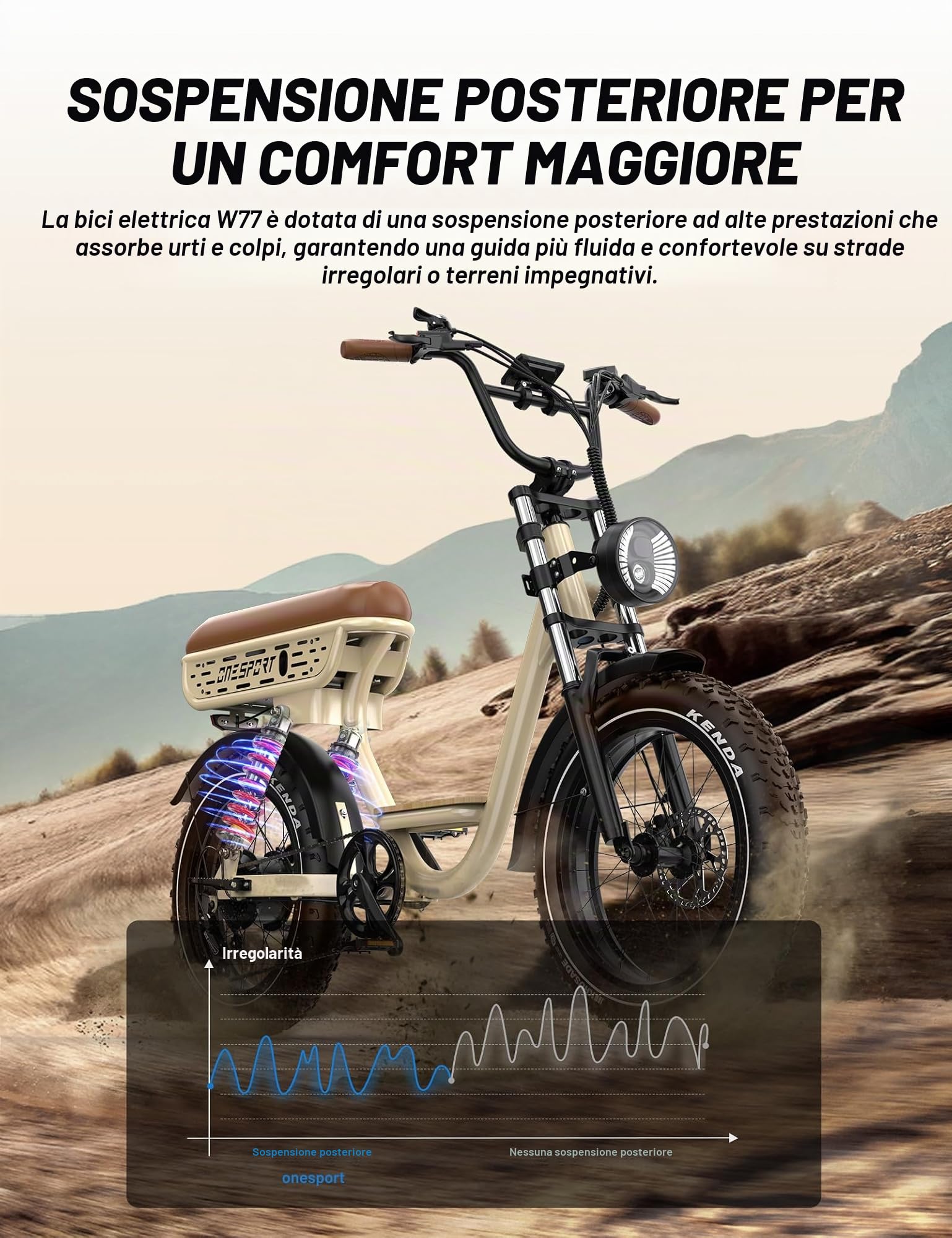 Onesport W66/W77 E Bike Elettrica, 20 X 4 Pollici Fat Tire Ebike con Batteria 48V 18AH/13.5AH Autonomia 30-100KM, Sospensione Integrale & Freni Idraulici, Bici Elettrica Uomo e Donna con Bluetooth APP