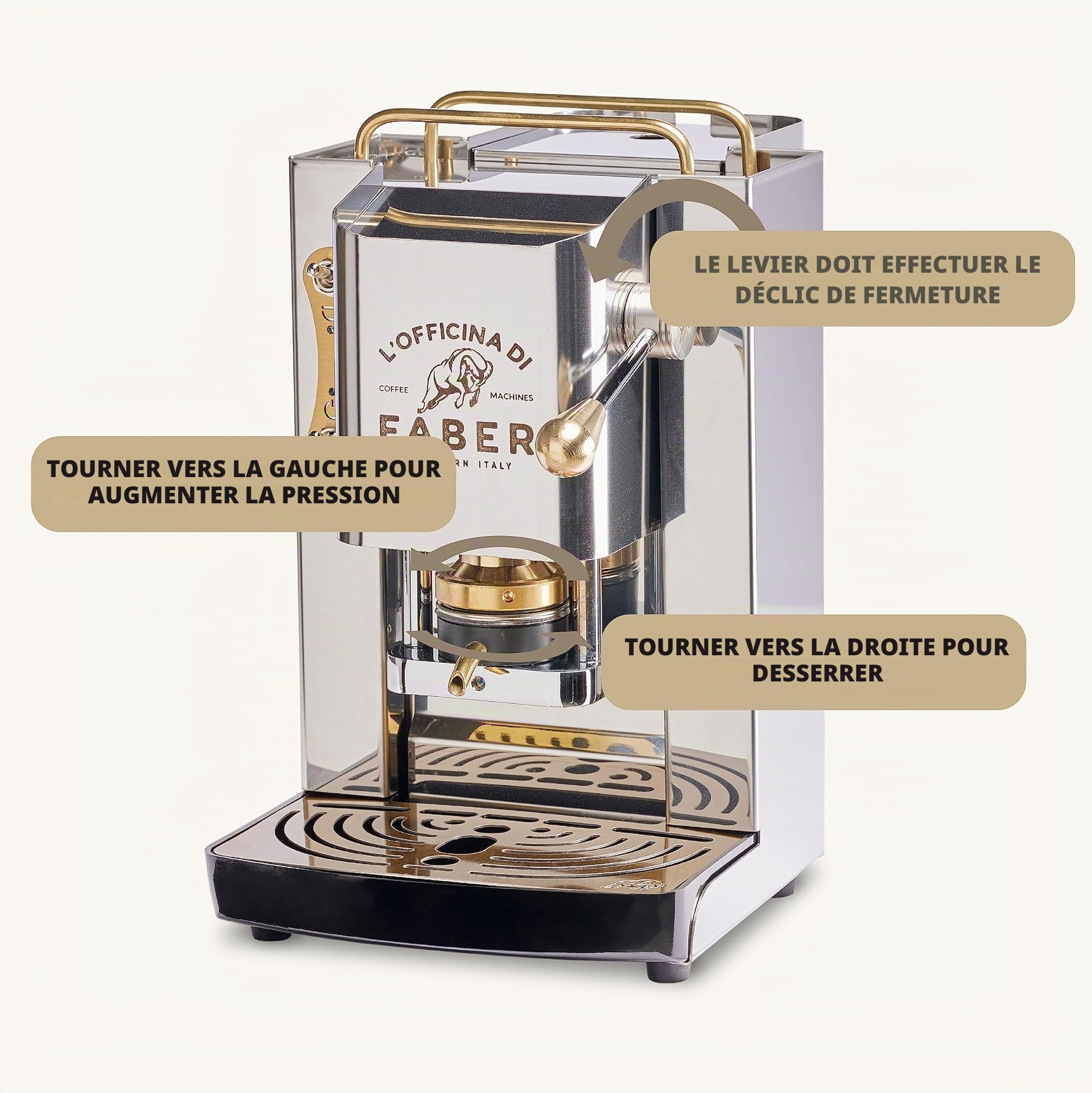 FABER COFFEE MACHINES | Modèle Pro Total Inox Deluxe | Machine à café à dosettes ese 44mm | Pressacialda en laiton réglable | électrovanne de série (laiton)