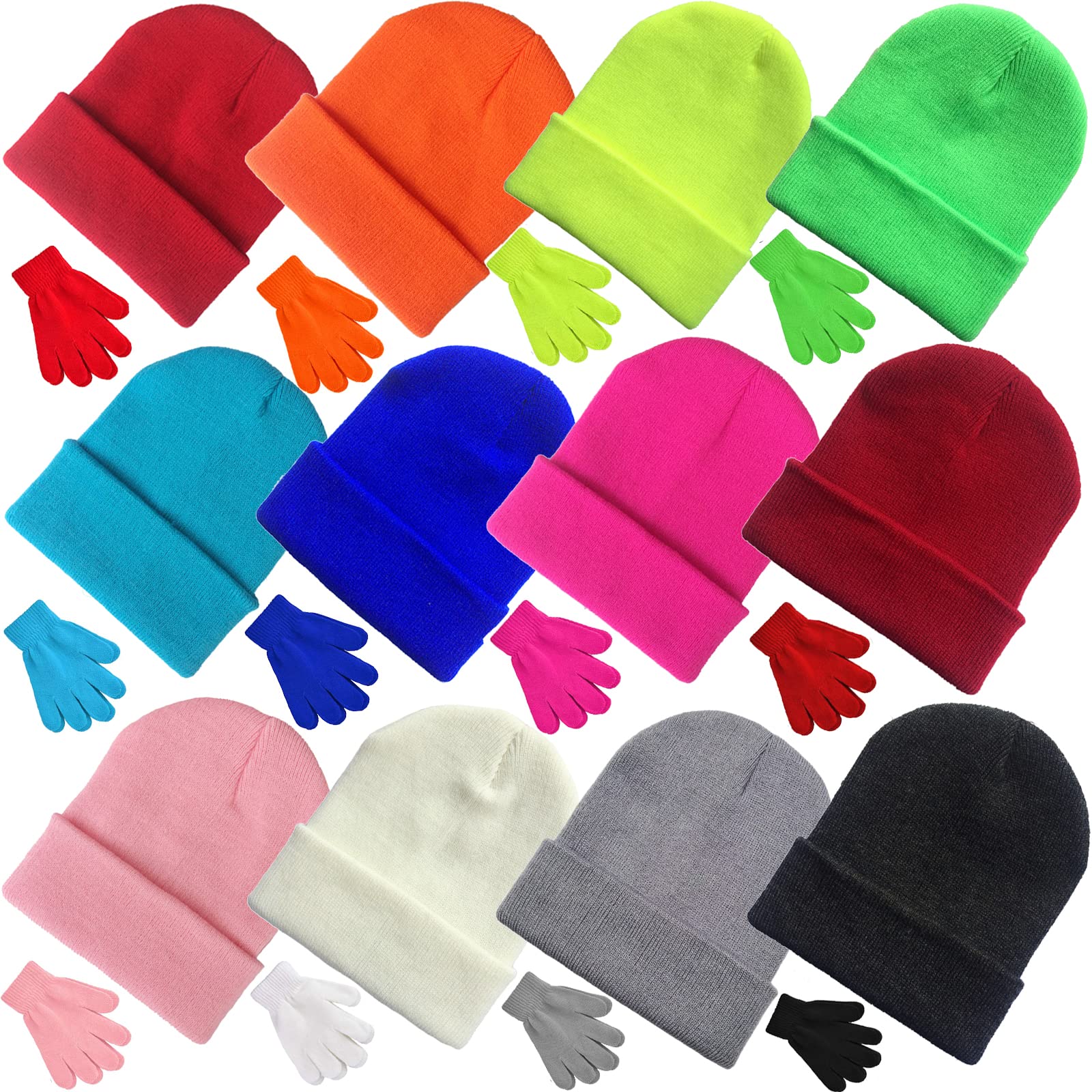 Vegove 12 Pack Kids Hats and Gloves Bulk, Toddler Knit Beanie Mittens for Winter School Charity Homeless Boy Girl 3-8 Yrs