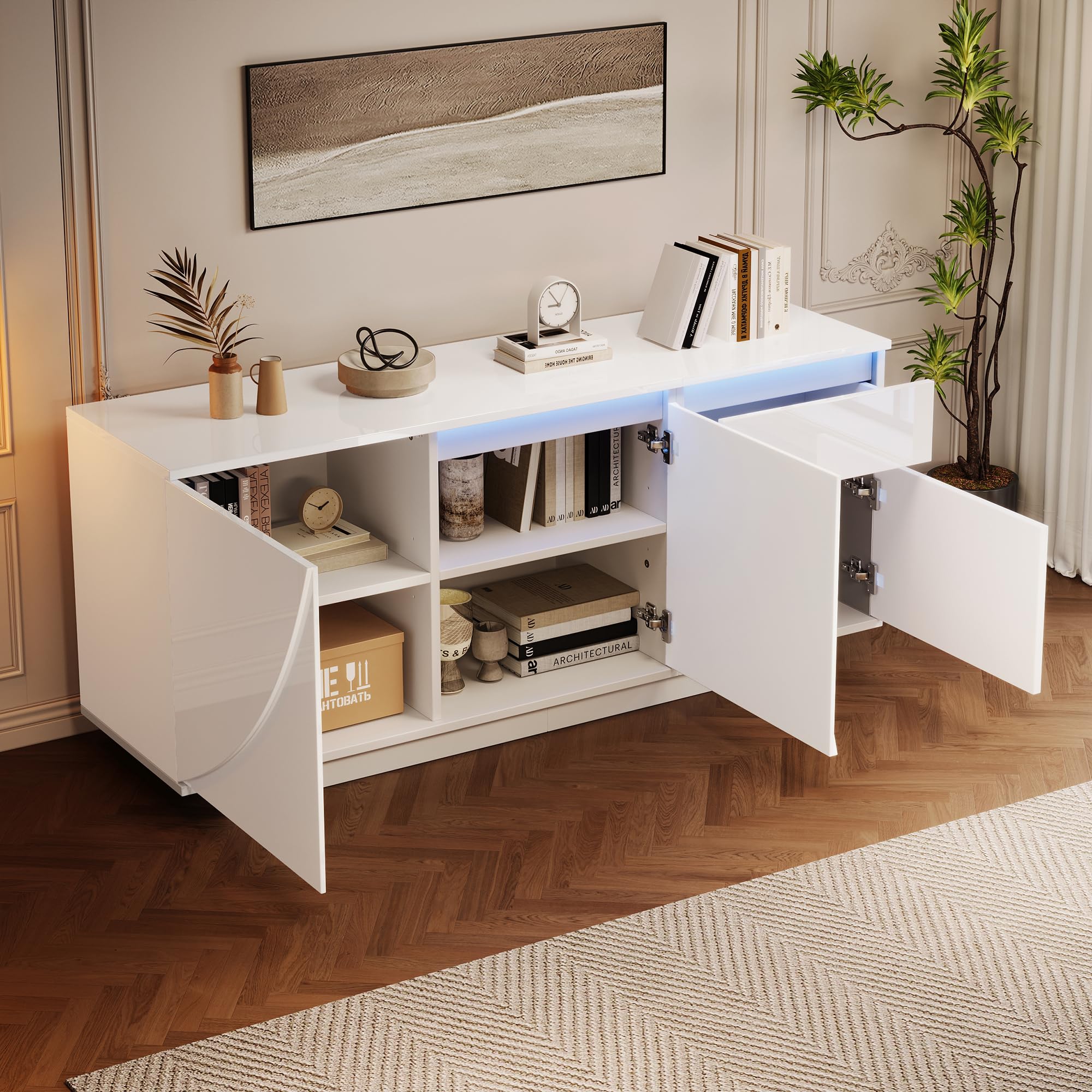 Hochglanz Sideboard Wohnzimmer mit 3 Schränken und 1 Schubladen, Buffetschrank mit LED-Lichtleiste, 140 * 40 * 60cm, Modern Wohnzimmerschrank für Schlafzimmer, Büros, Flur, Weiß