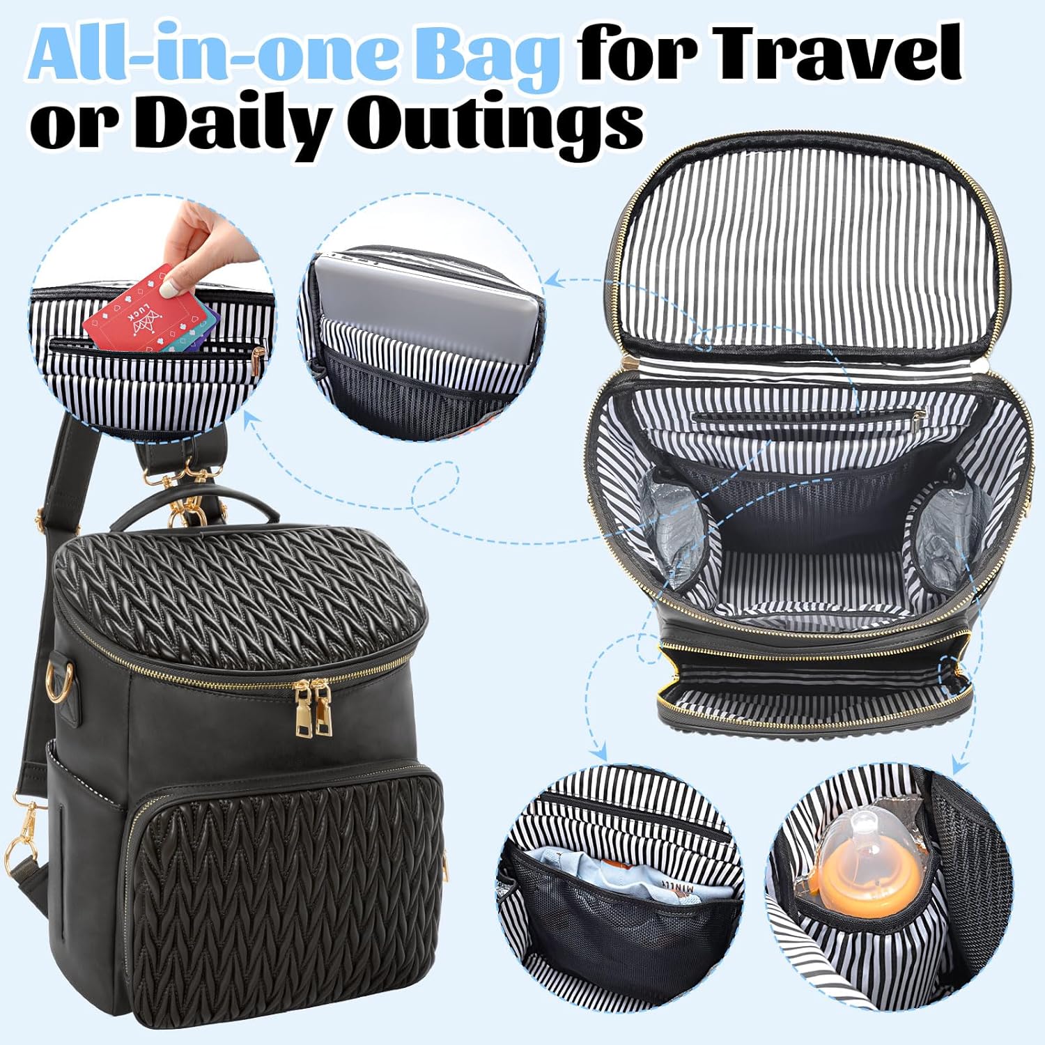 Minsong Diaper Bag Backpack for Women, Cute Stylish Mommy Diaper Backpack, Waterproof Travel PU Leather Baby Backpack Diaper Bag (Black) - Image 2