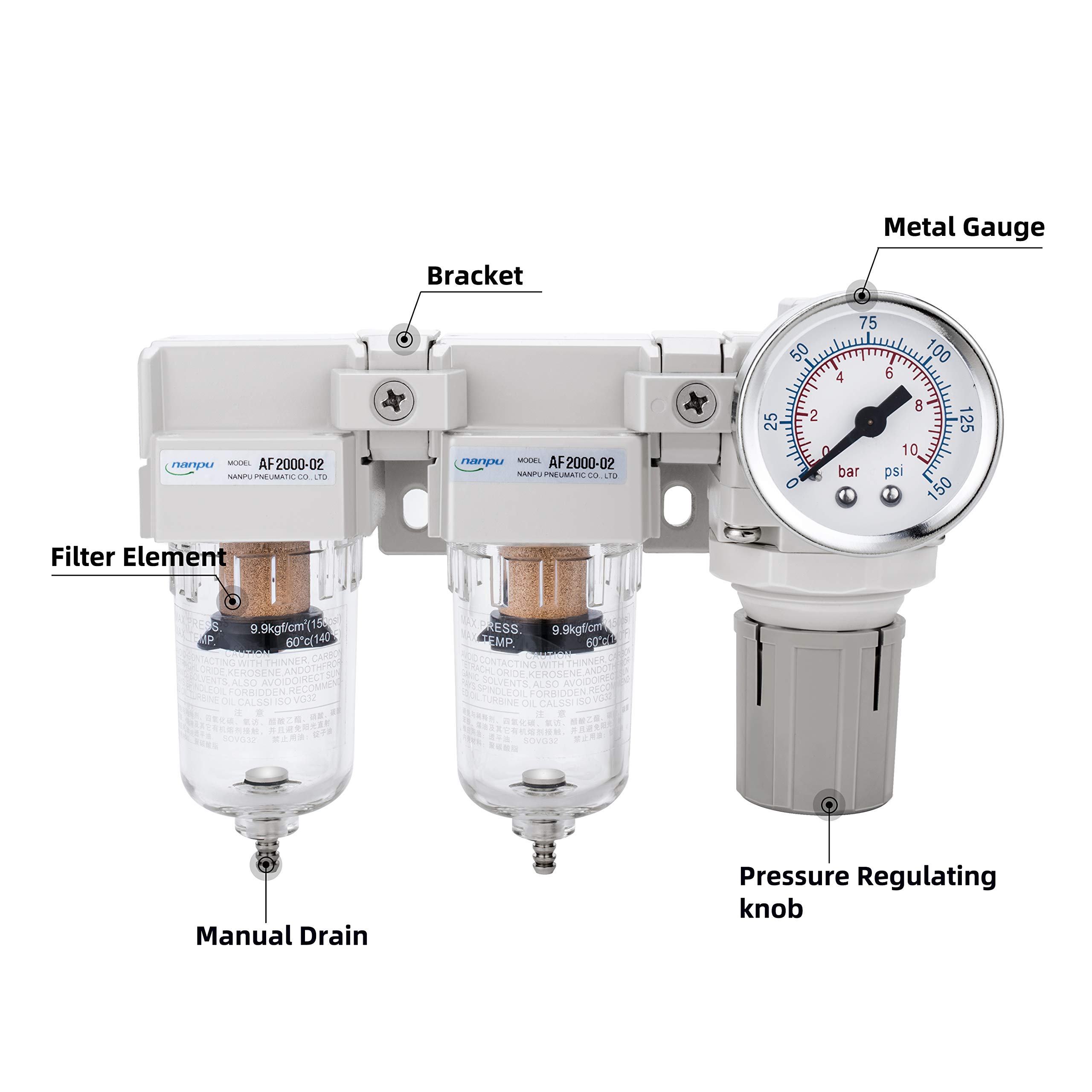 NANPU 1/4" BSP Three Stage Compressed Air Drying System Double Air