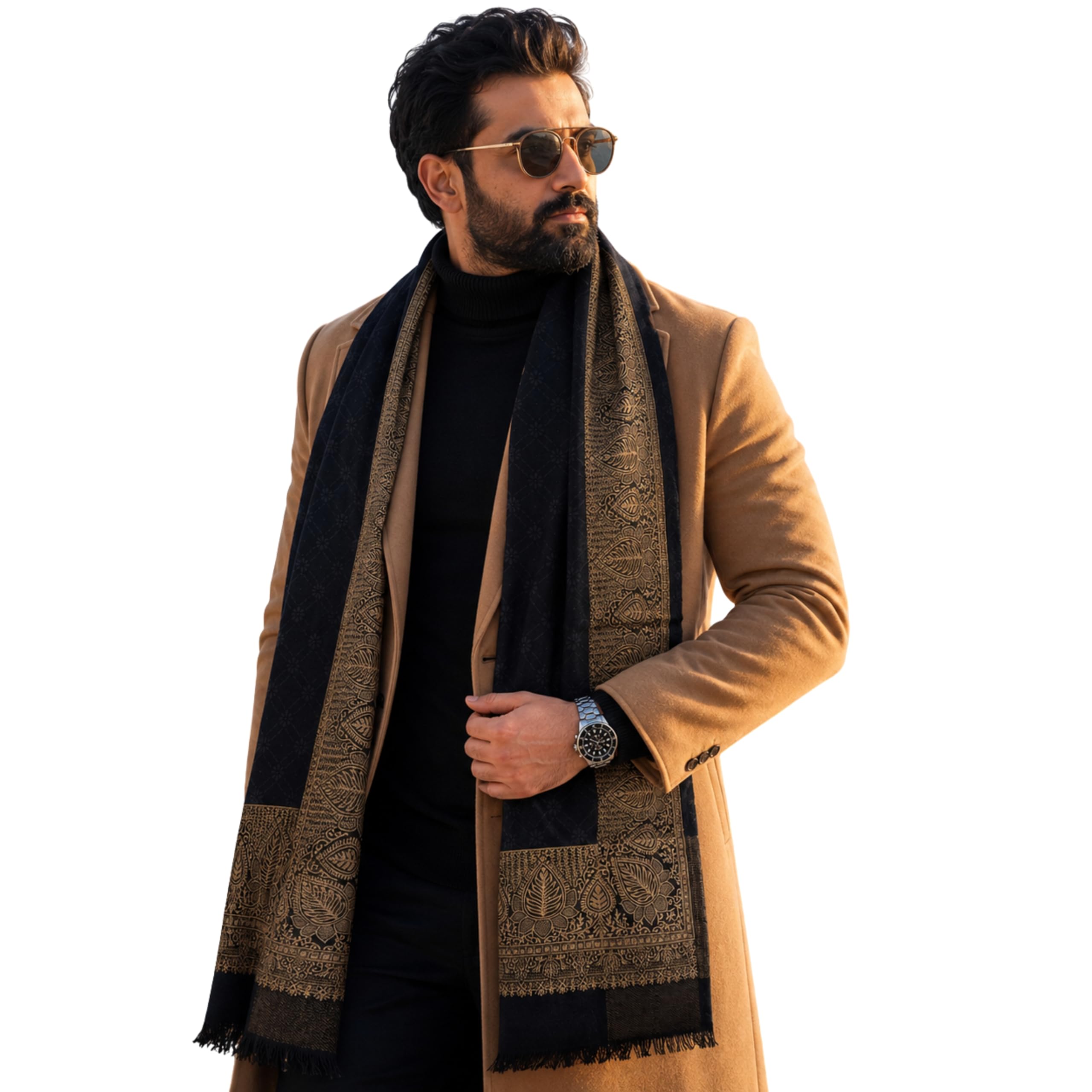 Premium Pure Wool Kashmiri Stole for Men & Women | Soft Warm Winter Shawl | Traditional Woven Kashmiri Border | Unisex Designer Wrap | Black-image-7