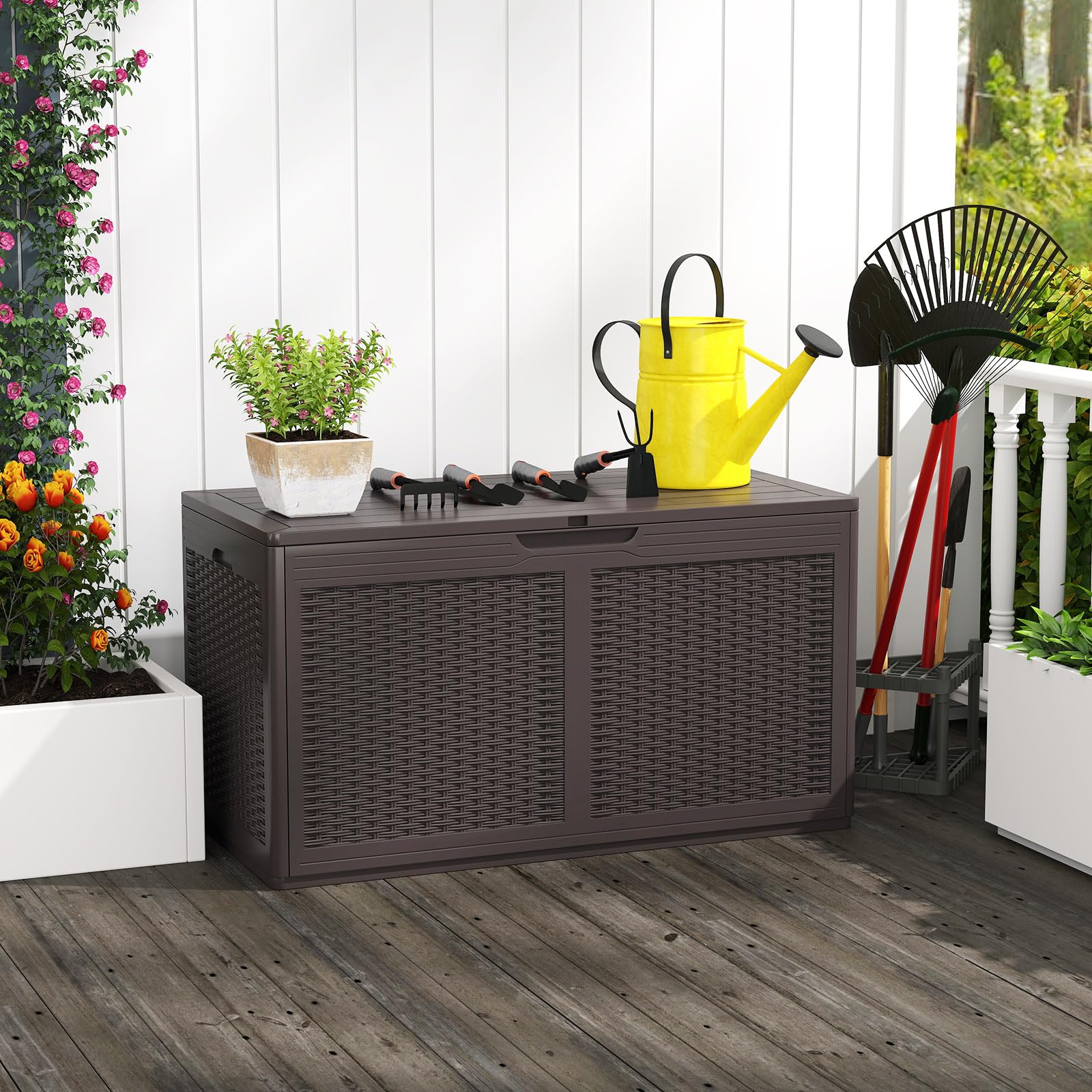 RELAX4LIFE 380L Cassapanca da Esterno, Contenitore da Patio Chiudibile a Chiave con 2 Ruote, Superficie in Finto Rattan, in Resina Impermeabile per Cuscini, Attrezzi (MARRONE)