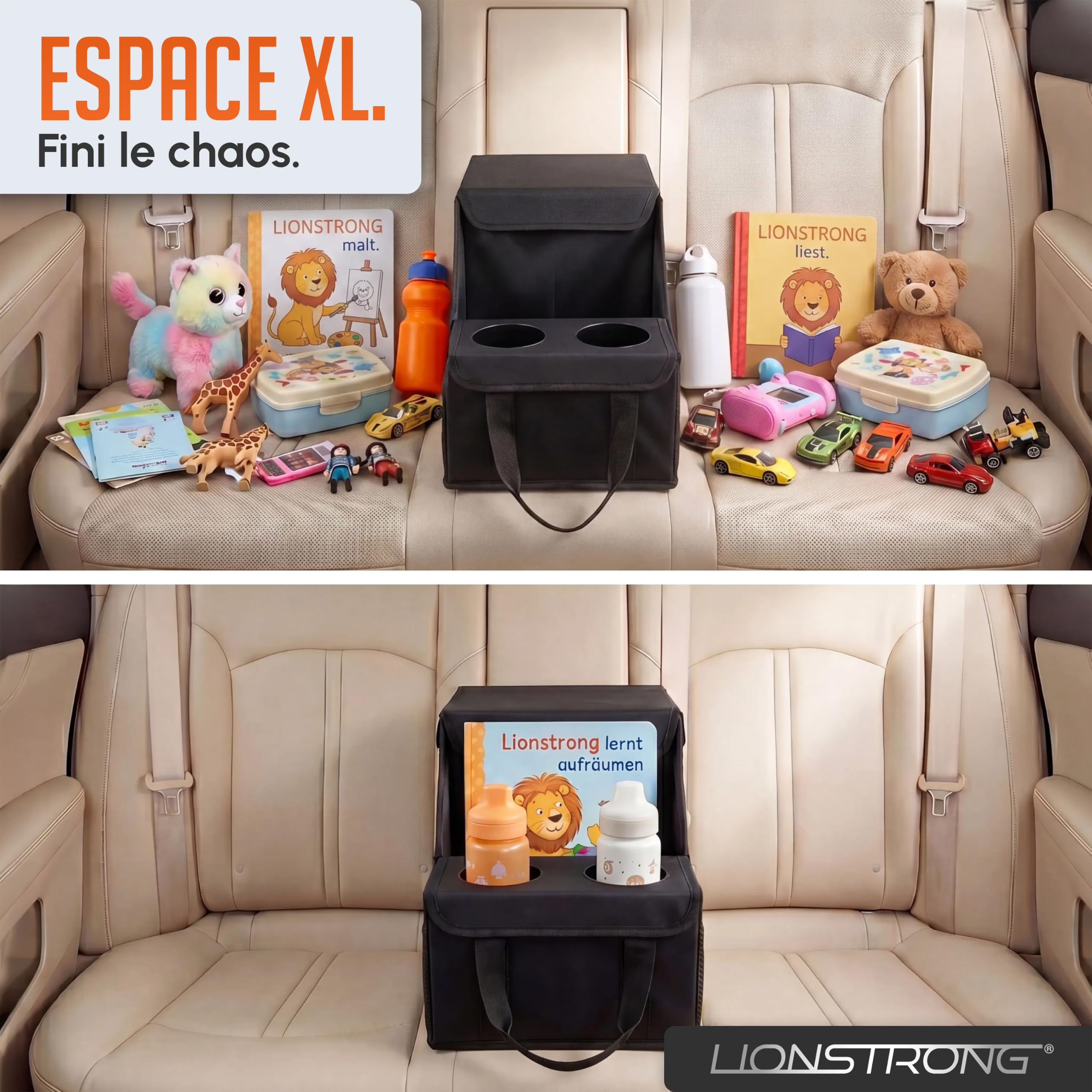 LIONSTRONG® Organisateur de Voiture [TRÈS STABLE GRÂCE AUX PANNEAUX PLASTIQUE] - Organisateur Universel Siège Arrière et Siège Avant - Idéal pour les Vacances - Espace pour Jouets - Résistant à l'Eau
