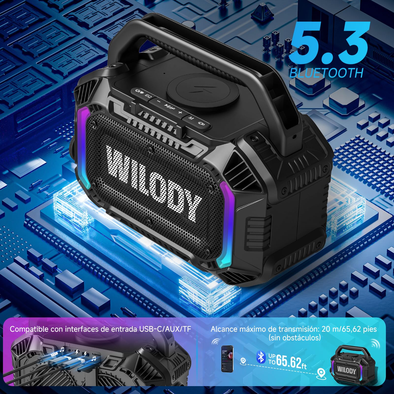 Wilody Altavoz Bluetooth Potente 100W,Altavoces Bluetooth Grande,Altavoces Bluetooth Exterior con IPX7 Resistente al Agua,EQ,RGB,USB,batería de 20 Horas,TWS,BT5.3（L-Negro）
